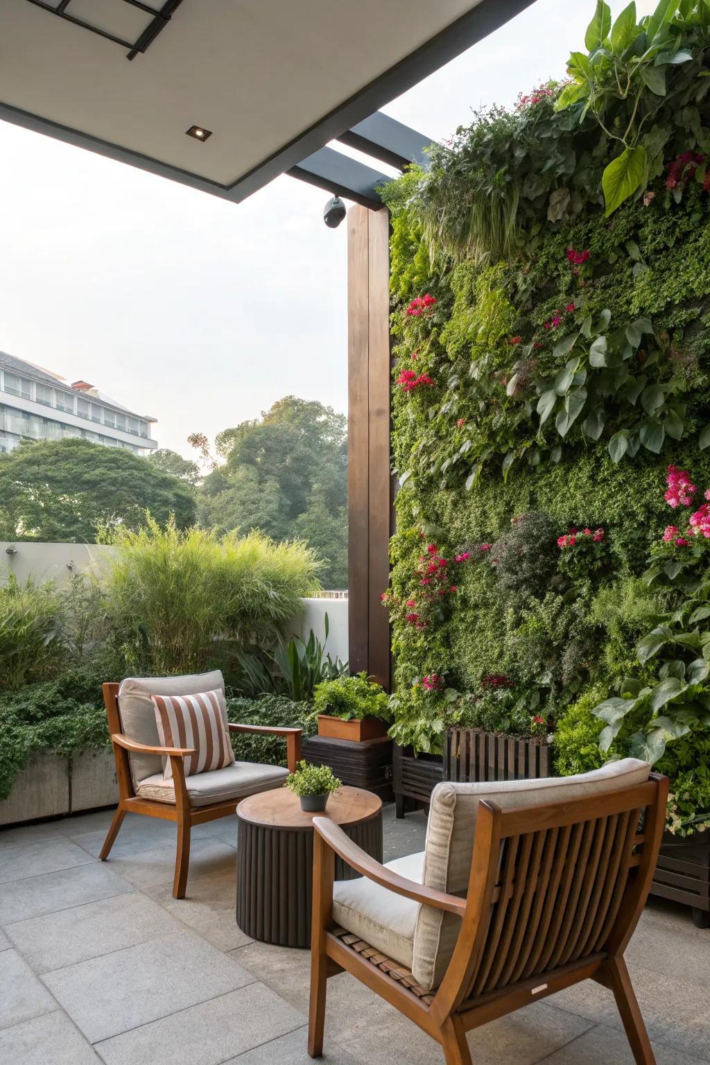 Vertical gardens add a lush, green backdrop.