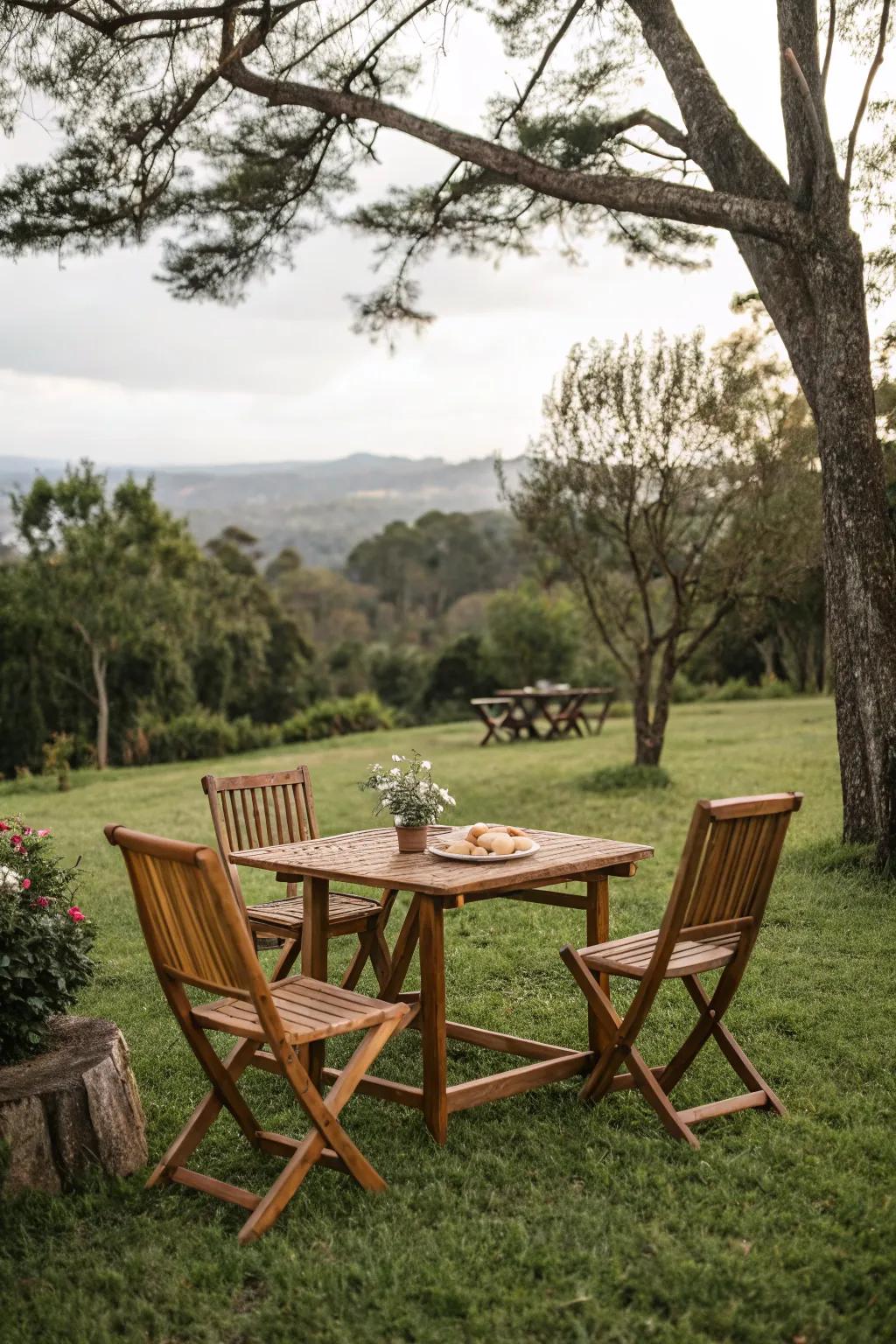 Elegant wooden furniture complementing the natural surroundings.