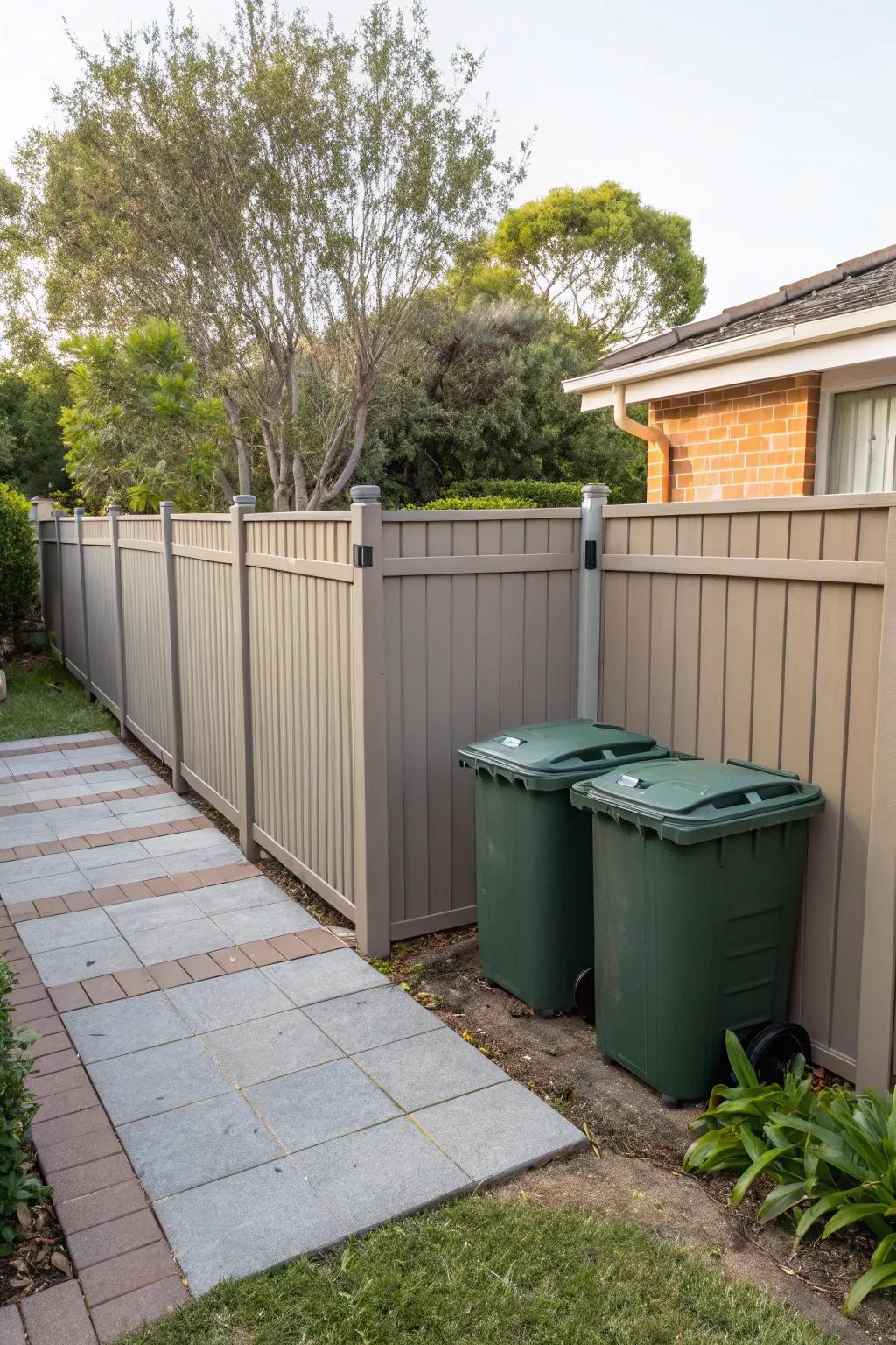 False fence panels integrated to hide garbage bins, maintaining a unified garden aesthetic.