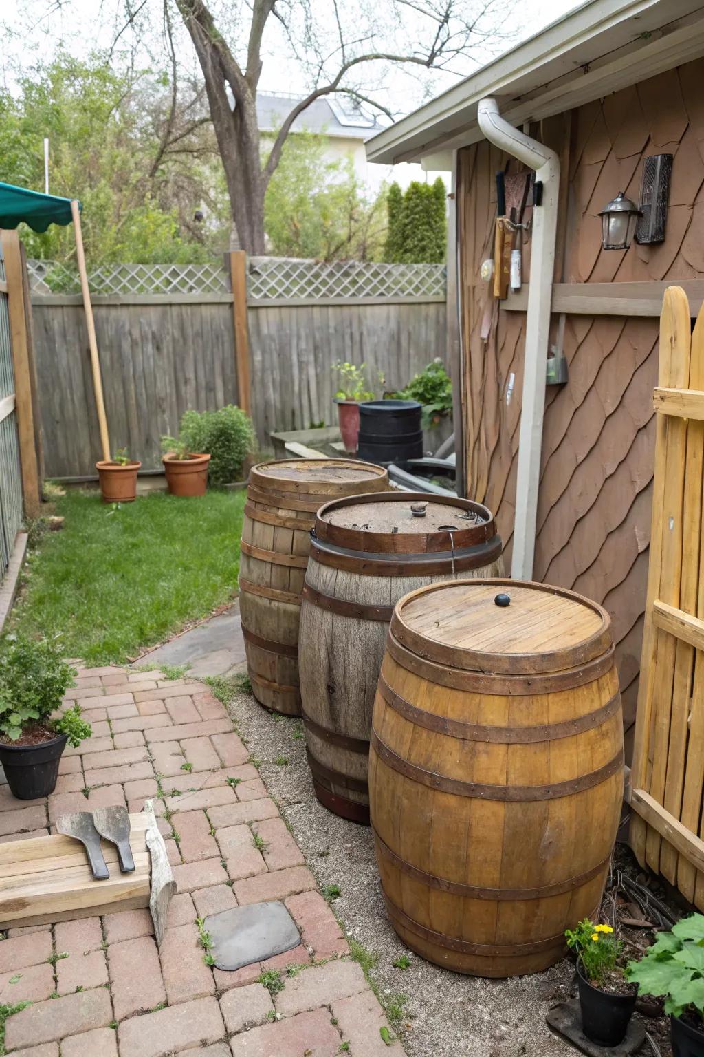Vintage barrels offer a charming and rustic storage solution.