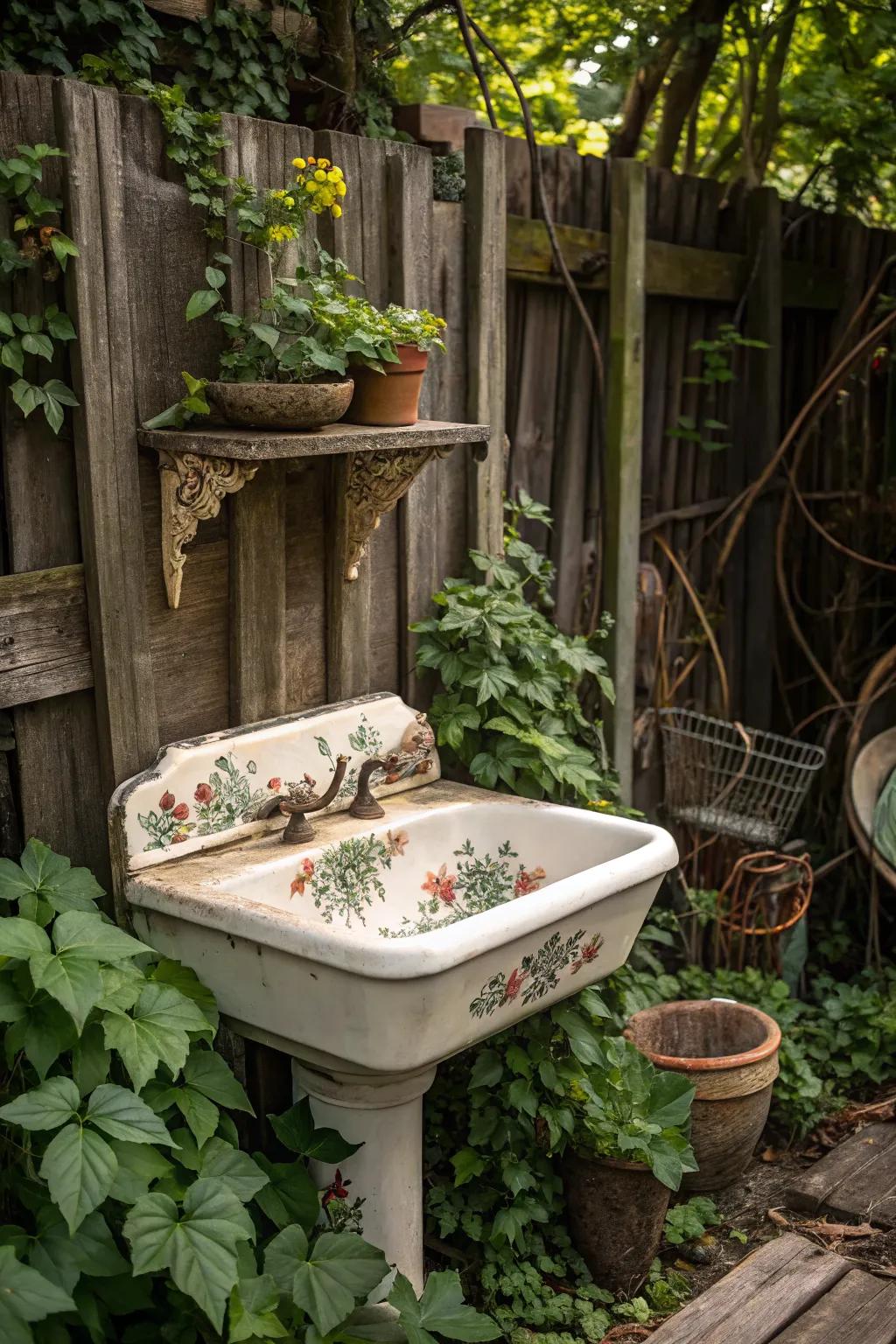 Introduce vintage elegance to your garden with a porcelain sink.