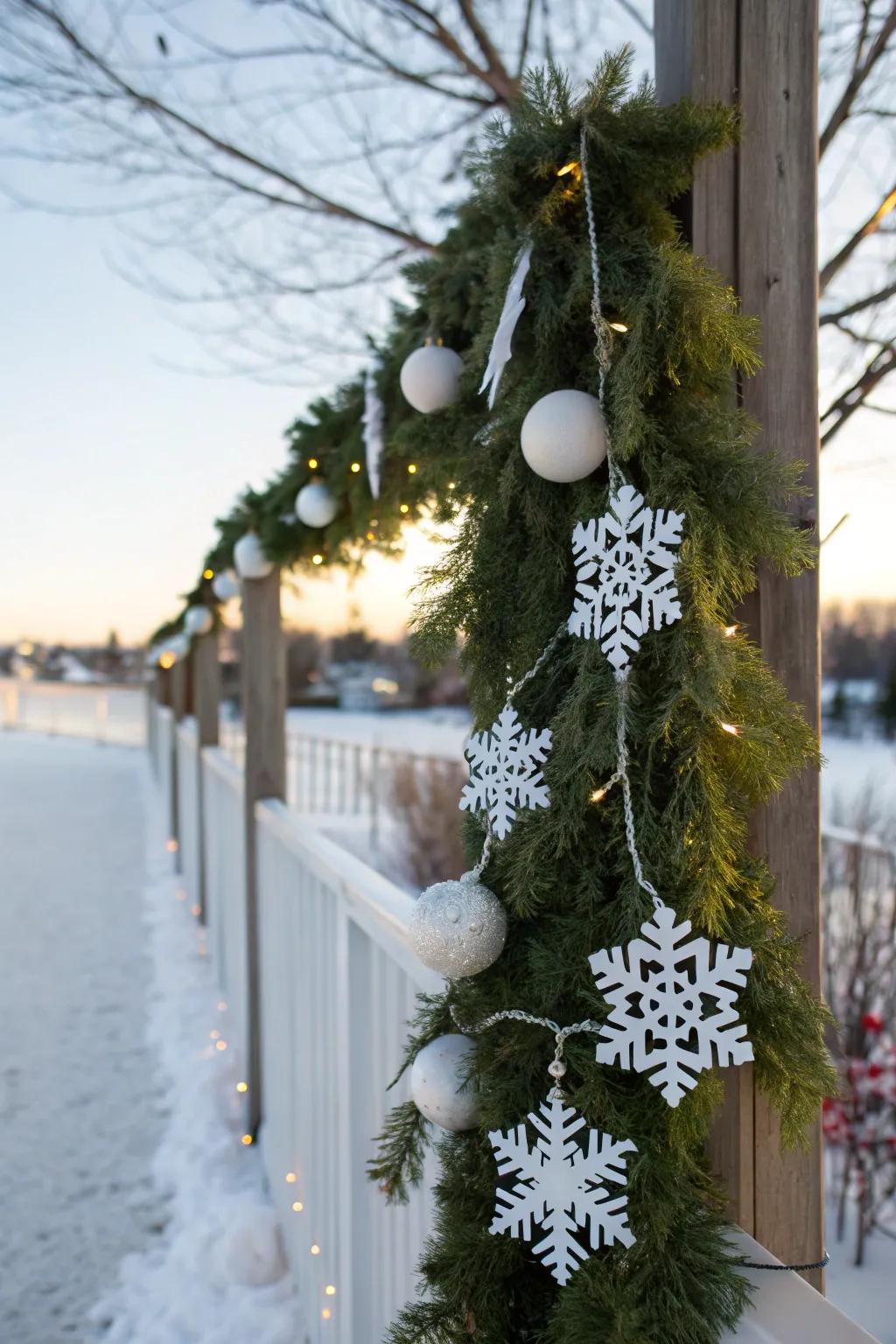 Faux snowflakes turn garlands into a winter wonderland.