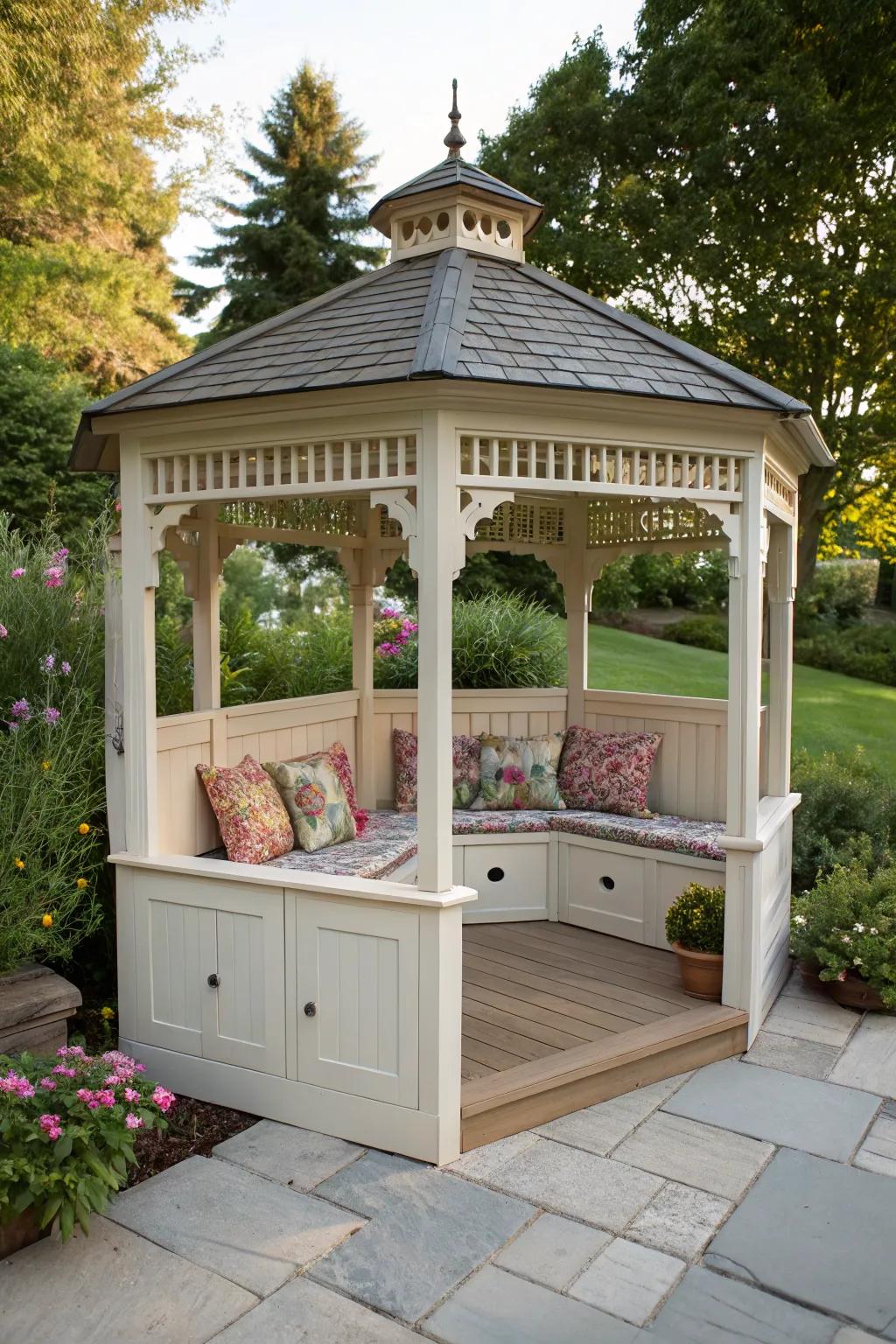 Built-in benches offer seating and storage solutions.
