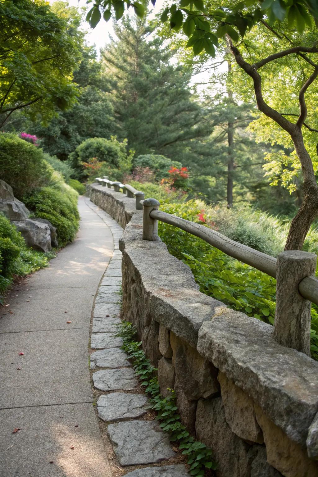 Stone railings blend naturally with garden environments.