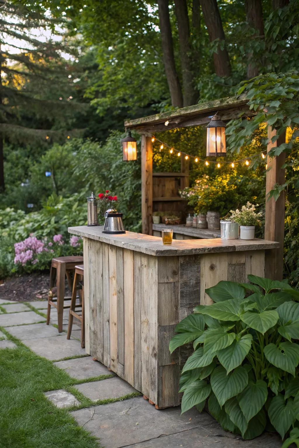 Outdoor island bar made from reclaimed wood.