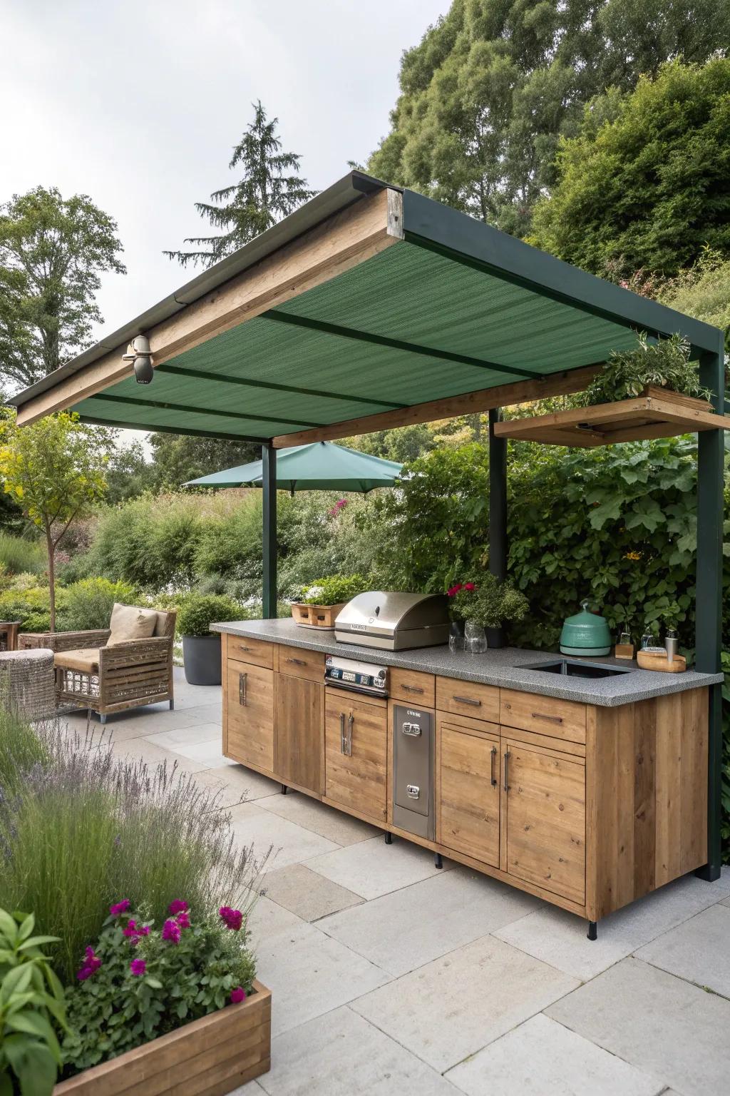A green roof canopy creates a sustainable oasis in this outdoor kitchen.