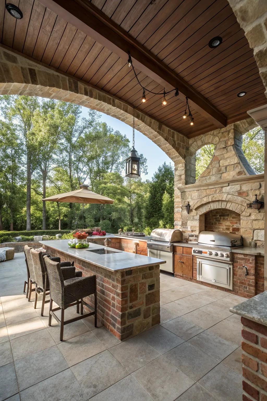 Stone and brick elements bring a timeless and earthy feel to the outdoor kitchen ceiling.
