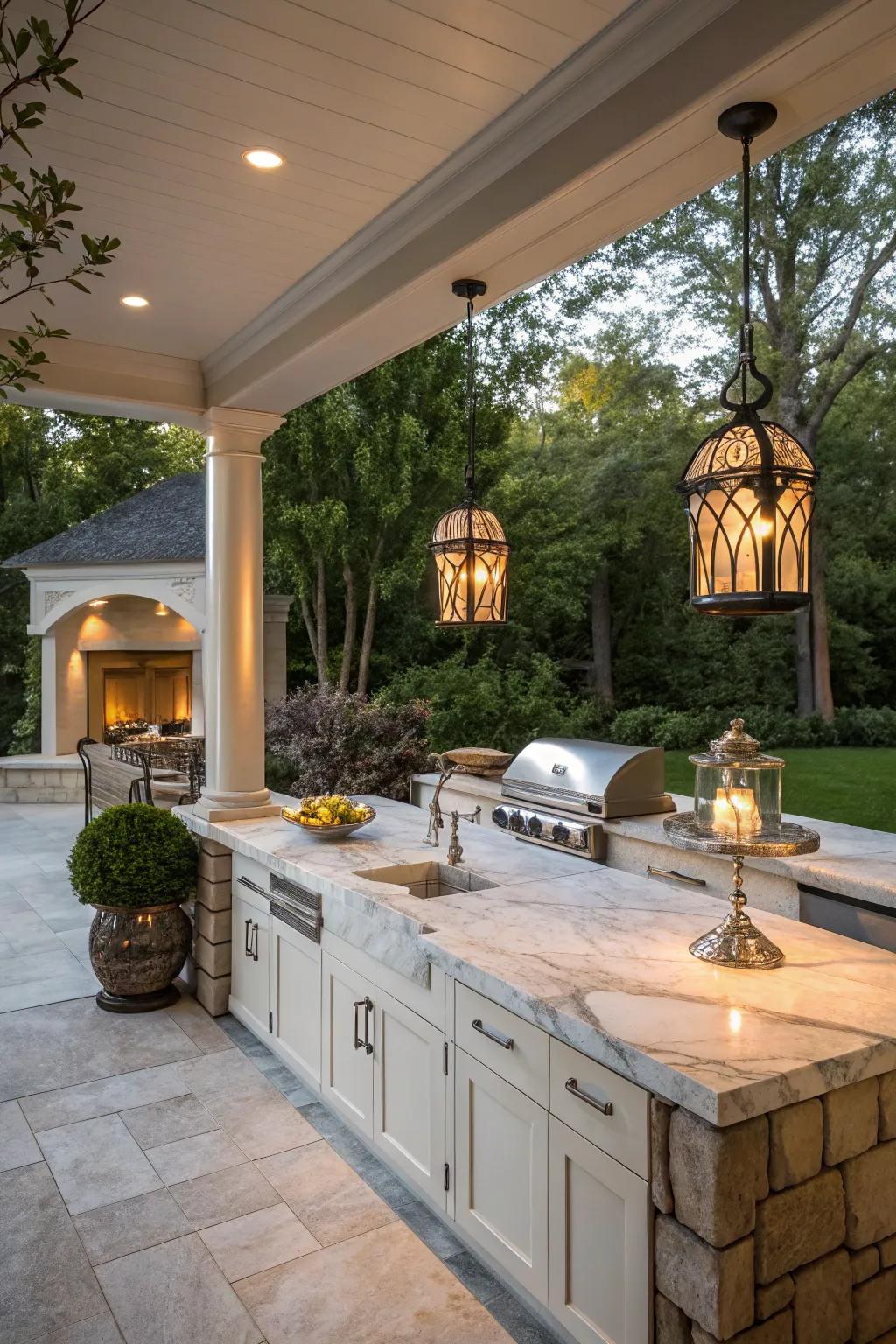 Marble countertops bring luxury to outdoor settings.