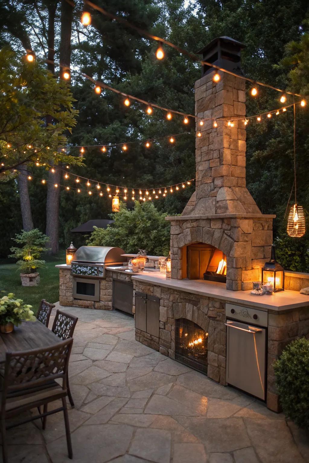 Warm ambient lighting enhances the inviting atmosphere of an outdoor kitchen with a stone fireplace.