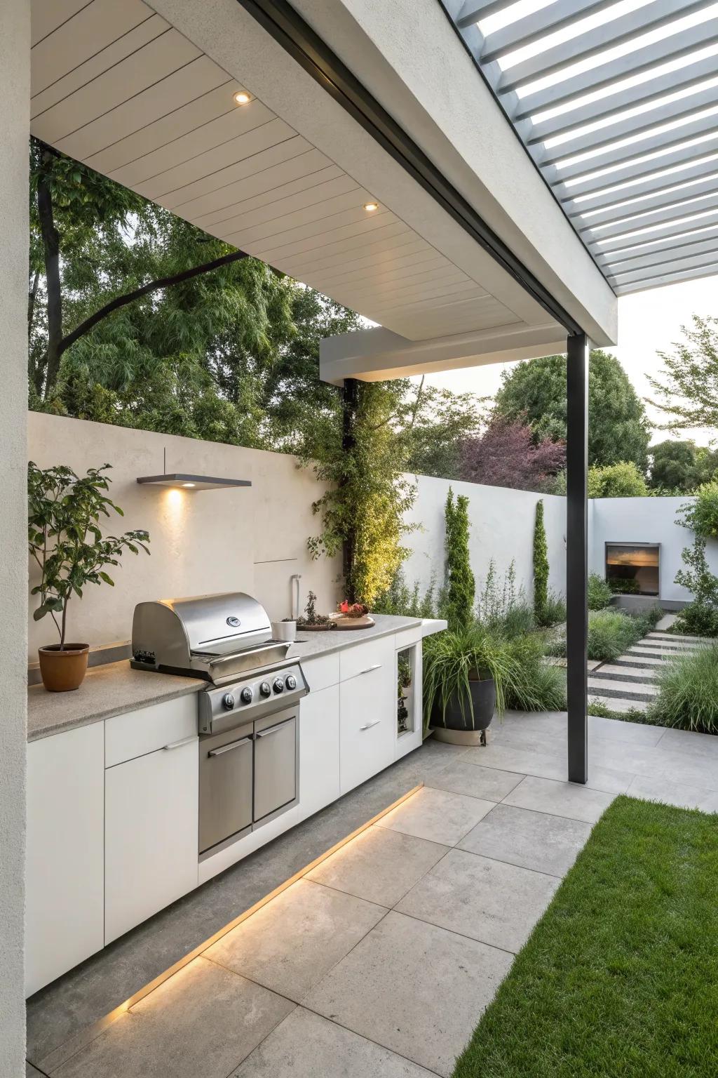 Minimalist elegance in a compact outdoor kitchen.