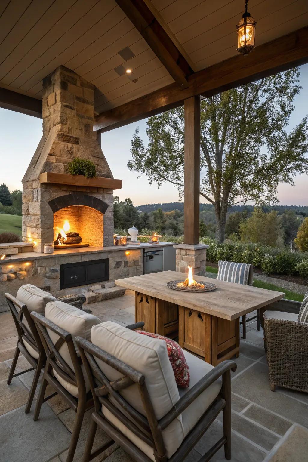 A cozy fireplace that adds warmth and charm to the outdoor space.