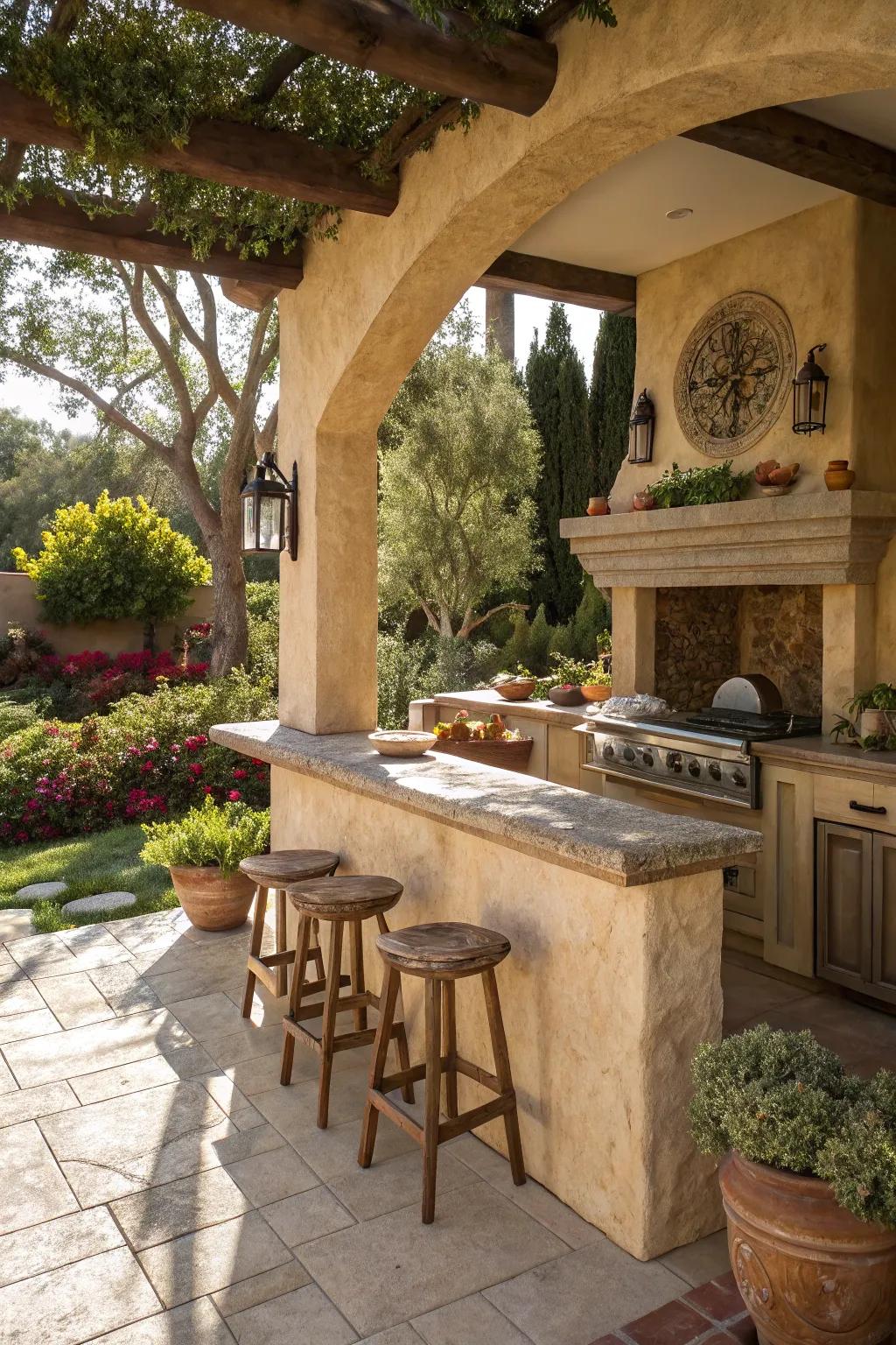 Stucco siding adds Mediterranean flair and warmth to outdoor kitchens.