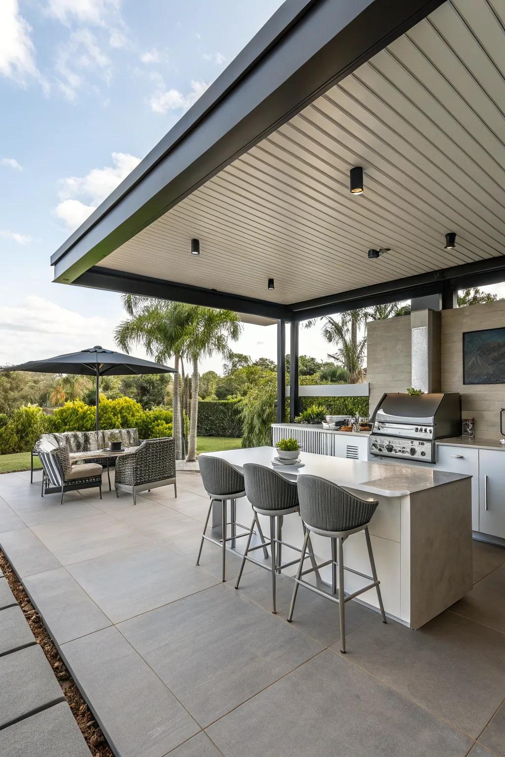 Sleek roof designs add modern flair to outdoor kitchens.