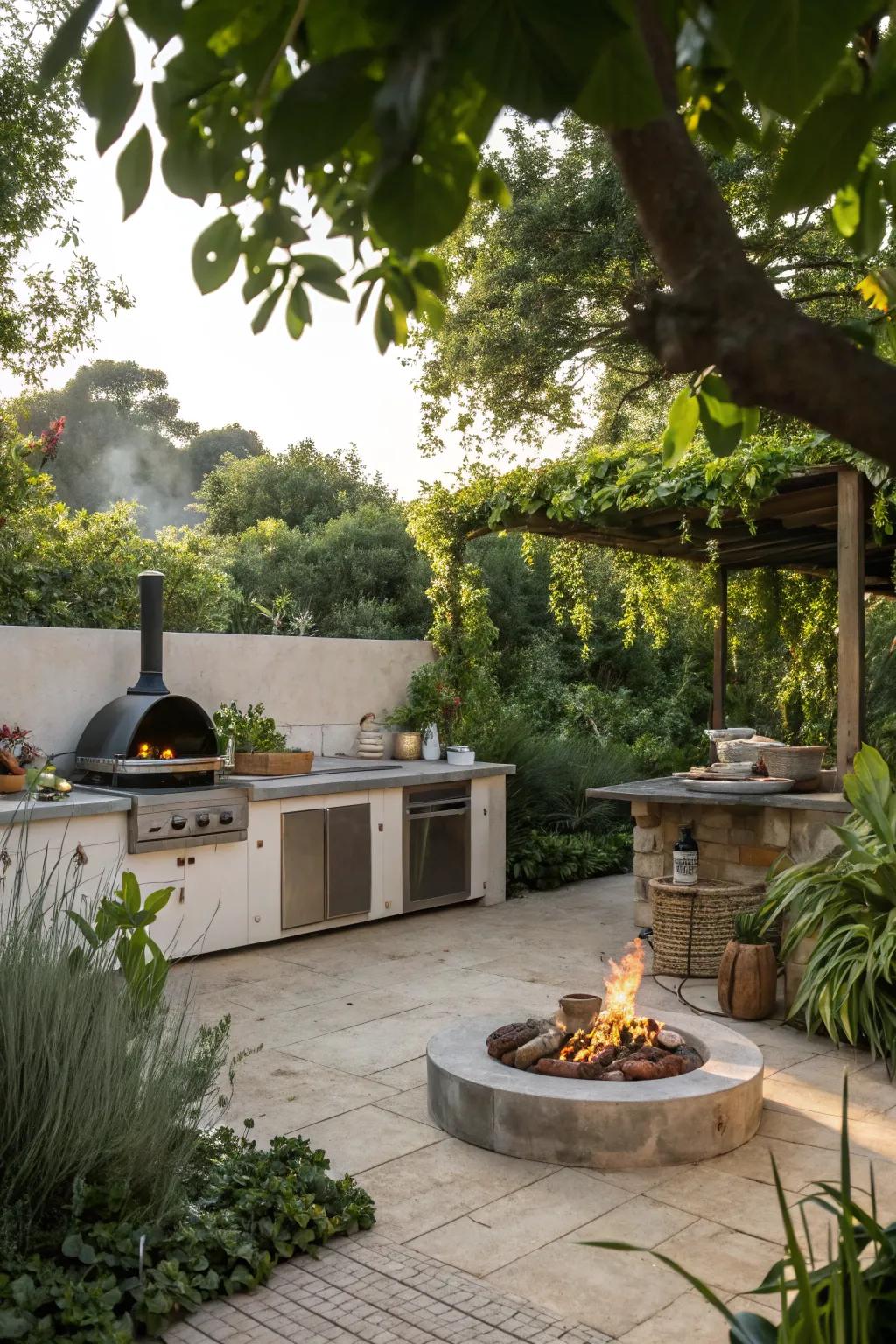 Lush greenery turns this outdoor kitchen into a serene oasis.