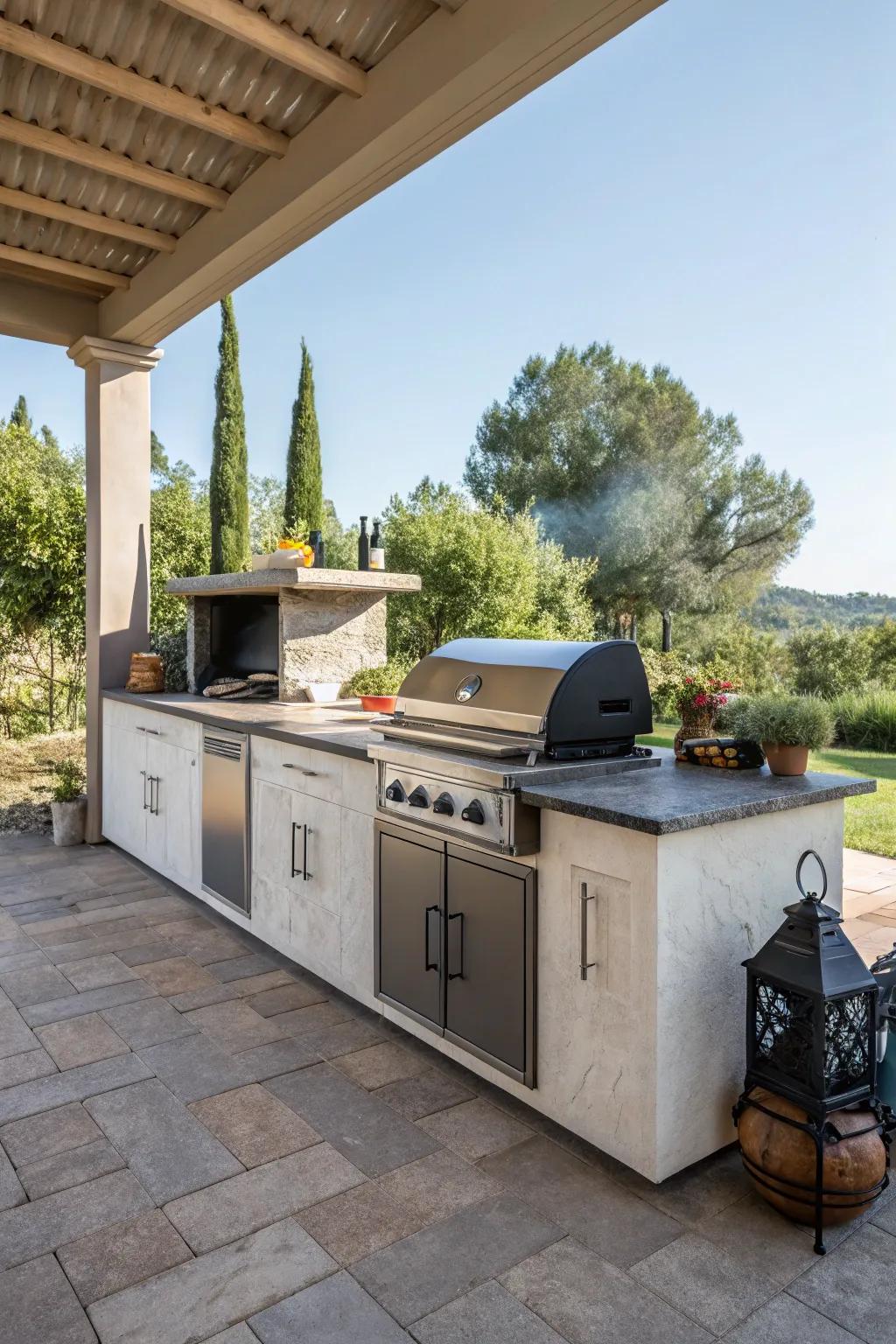Outdoor kitchen island with ample storage and an offset smoker.