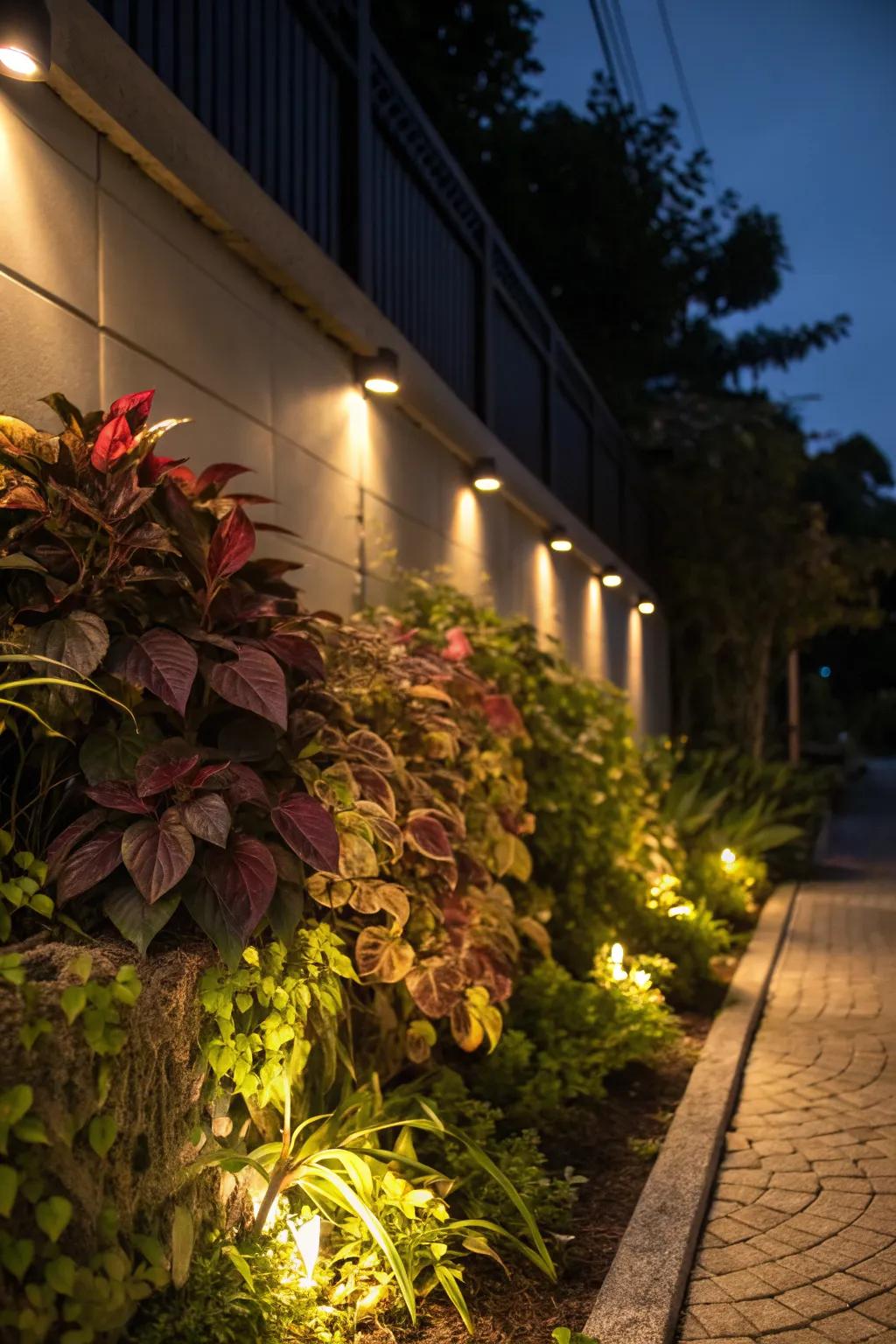 Evening lights transform a living wall into a magical garden feature.
