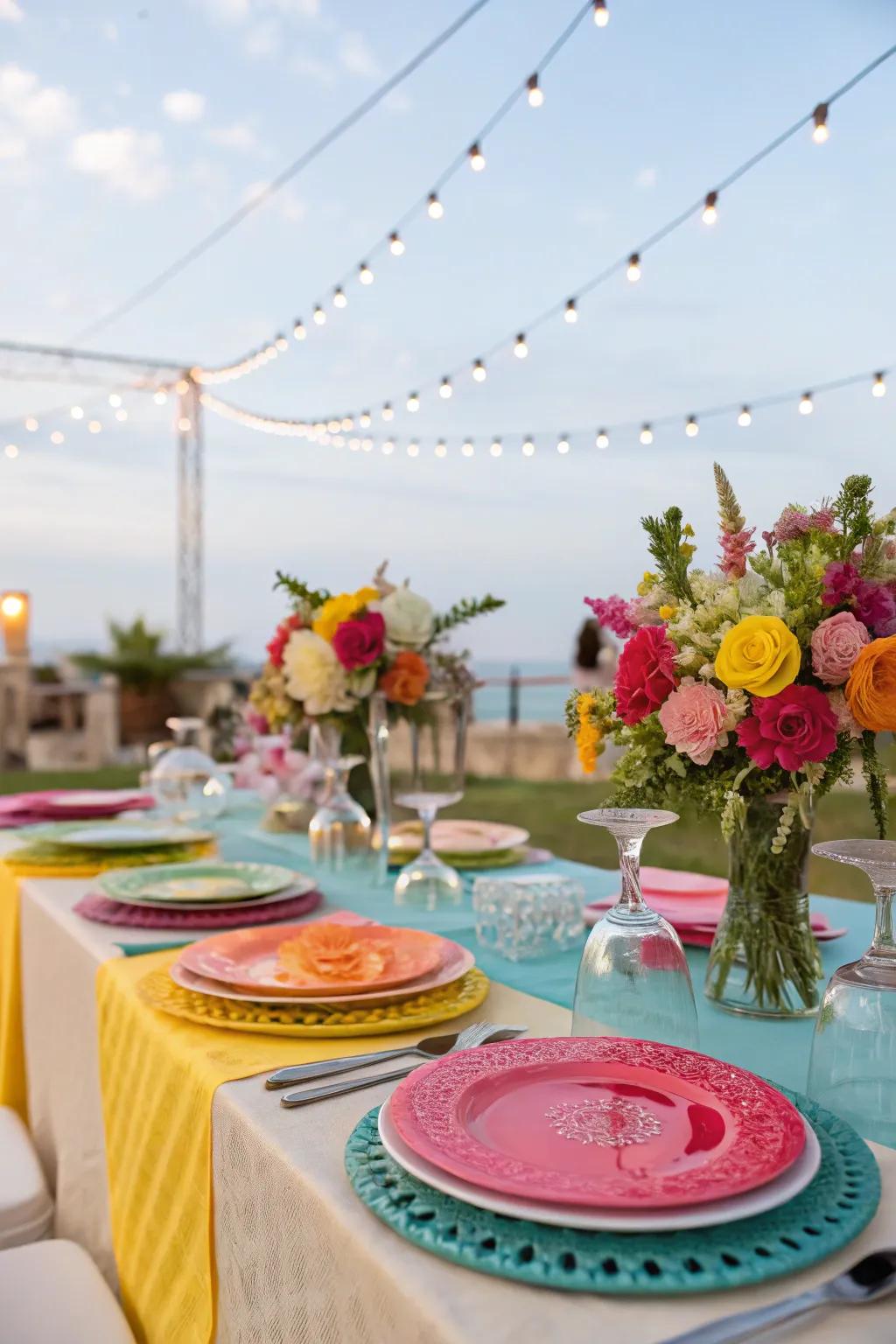 Bright table settings with colorful plates and glassware.