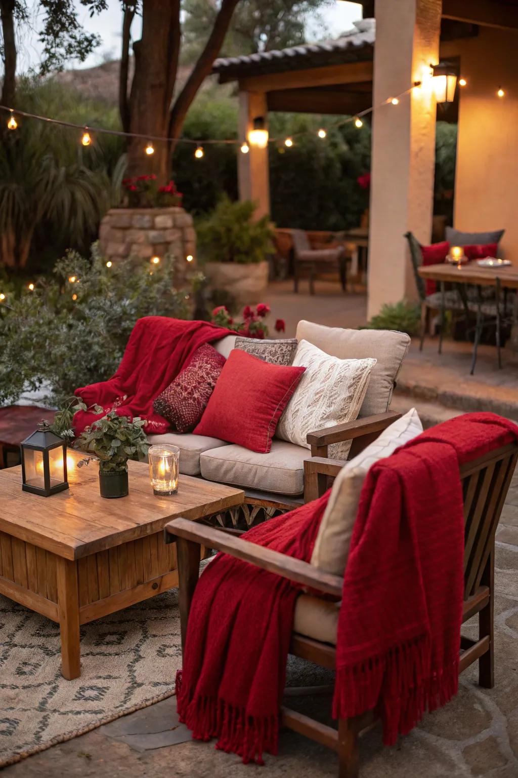 Wrap your patio in warmth with cozy red textiles.