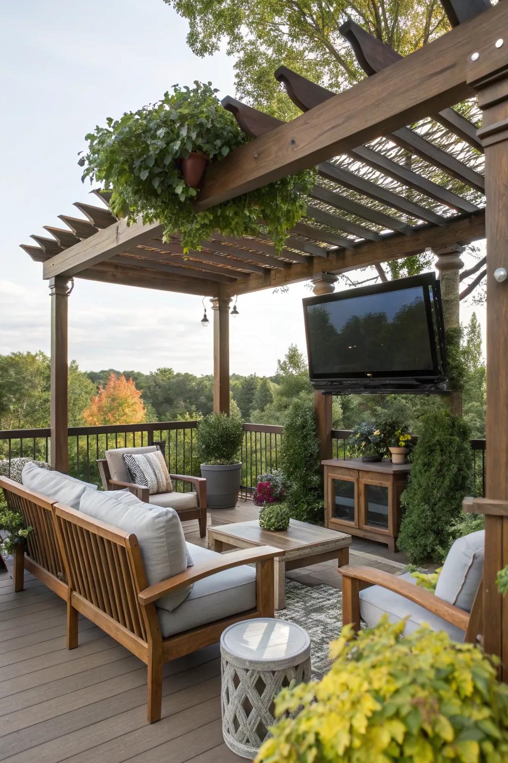 Create a shaded viewing area with a pergola-mounted TV.