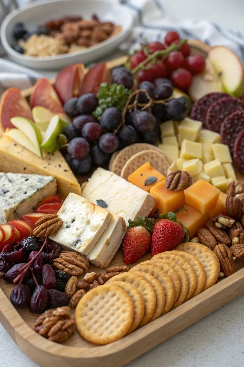 A charcuterie board adds elegance to the picnic spread.