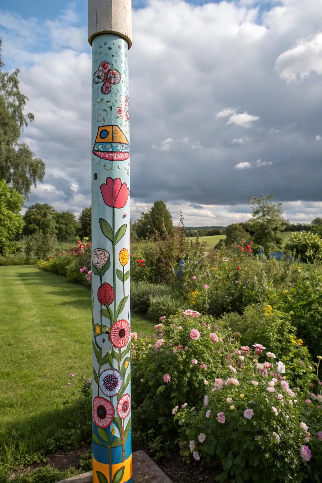 DIY painted poles add a personal artistic touch to your garden.