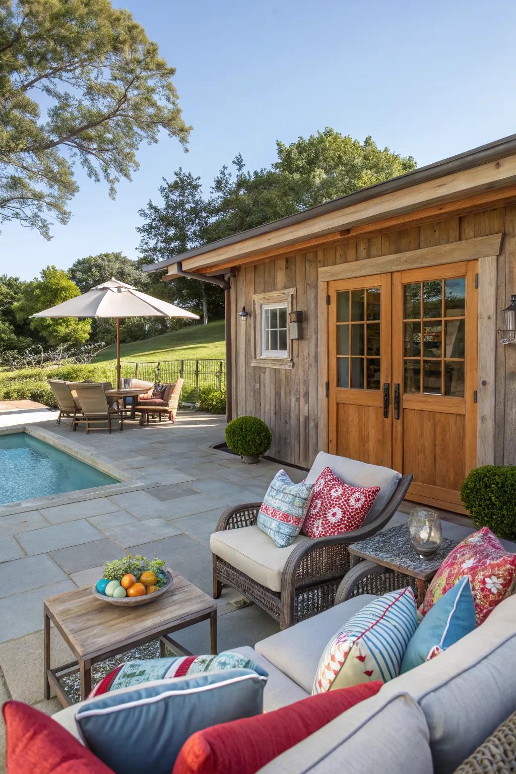Comfortable outdoor furniture to relax in style by the pool.