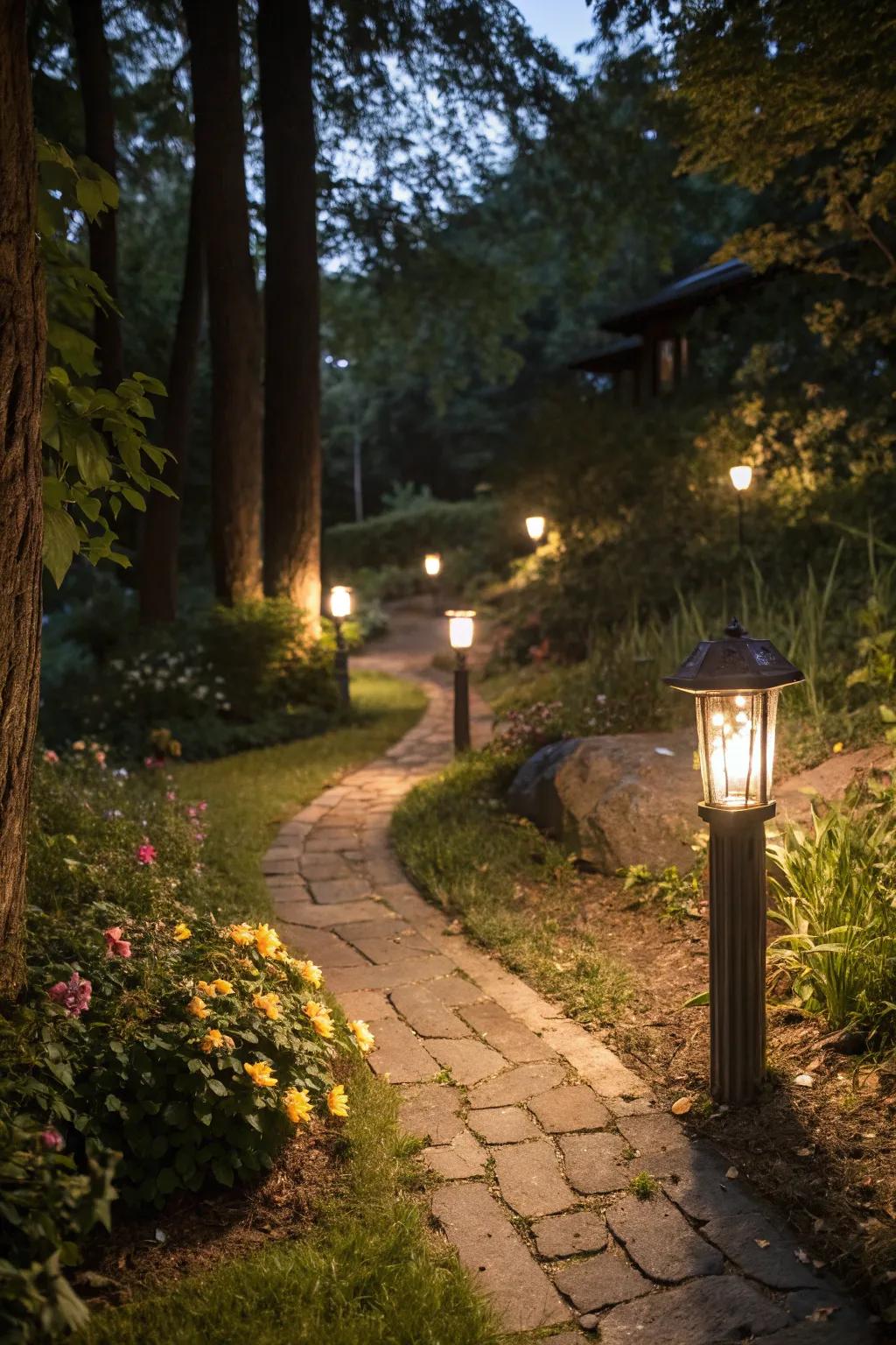 Pathway lights create a whimsical and safe garden route.