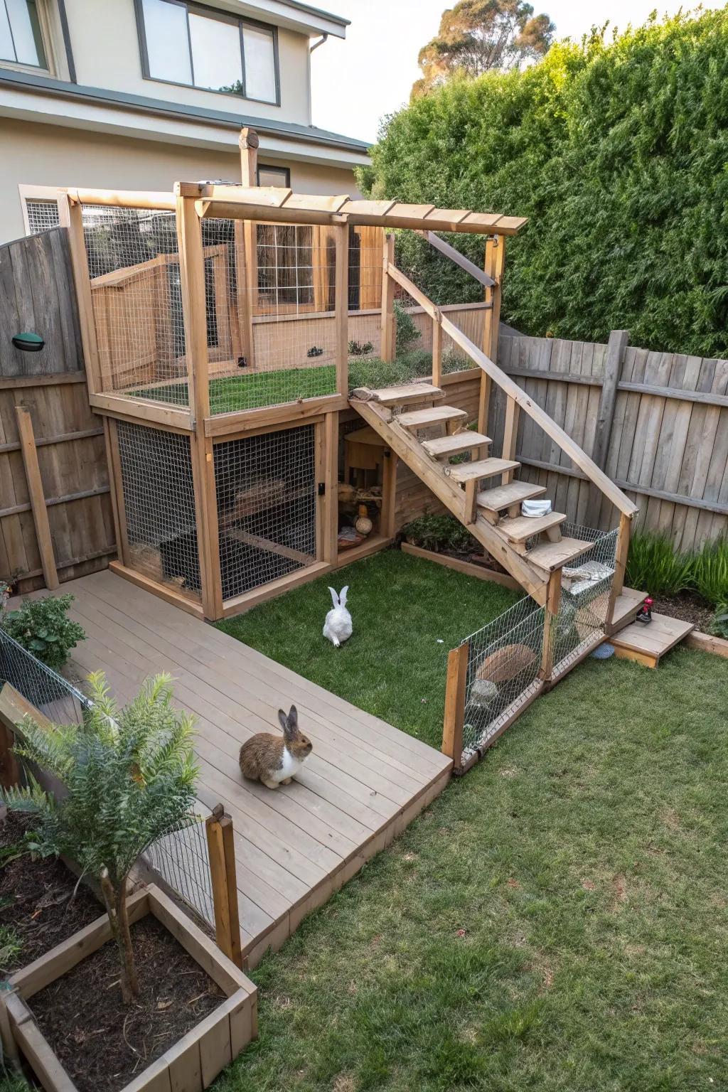 An innovative multi-level design for a rabbit play area.