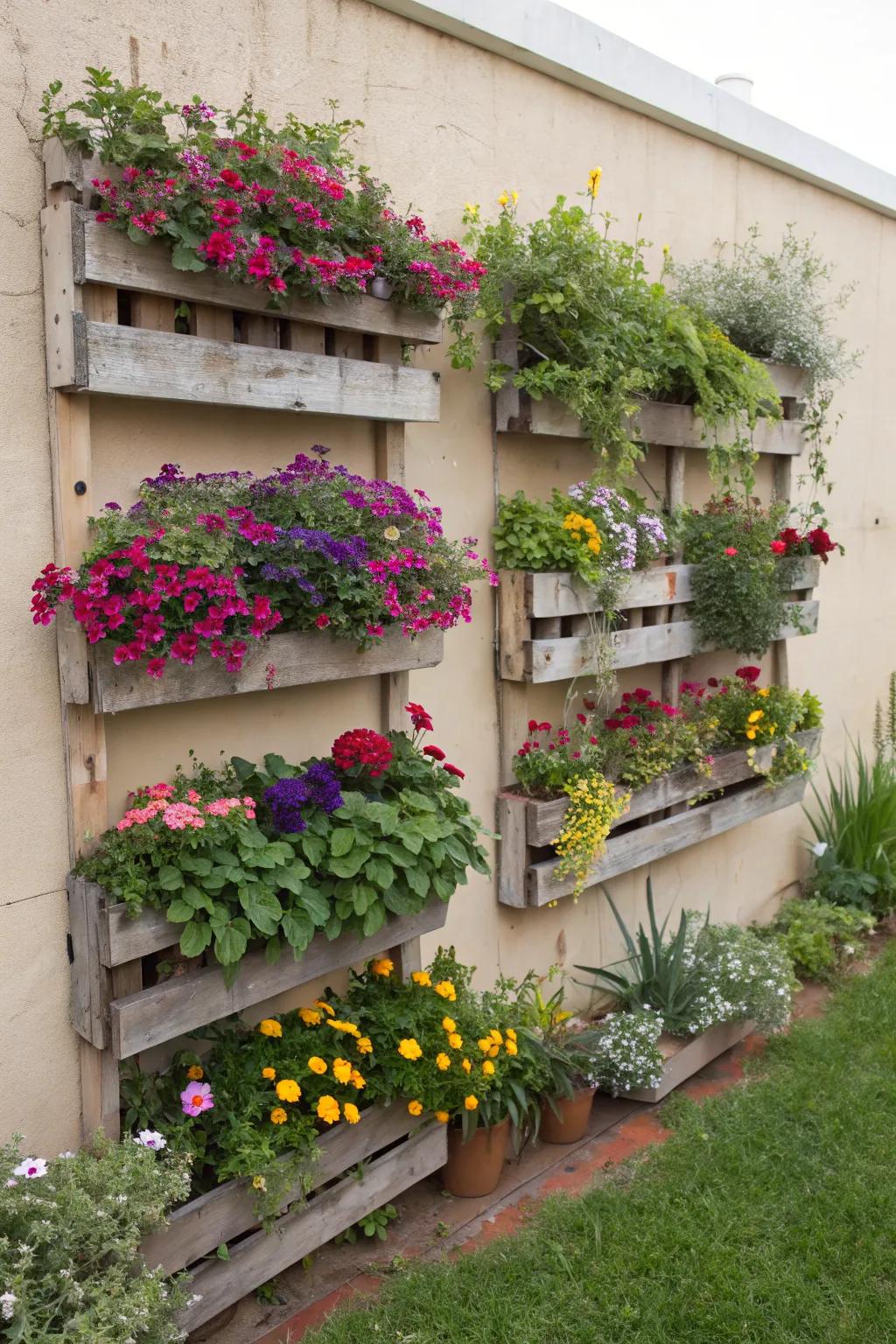 Wall-suspended pallets offer a sustainable and colorful shelving solution.
