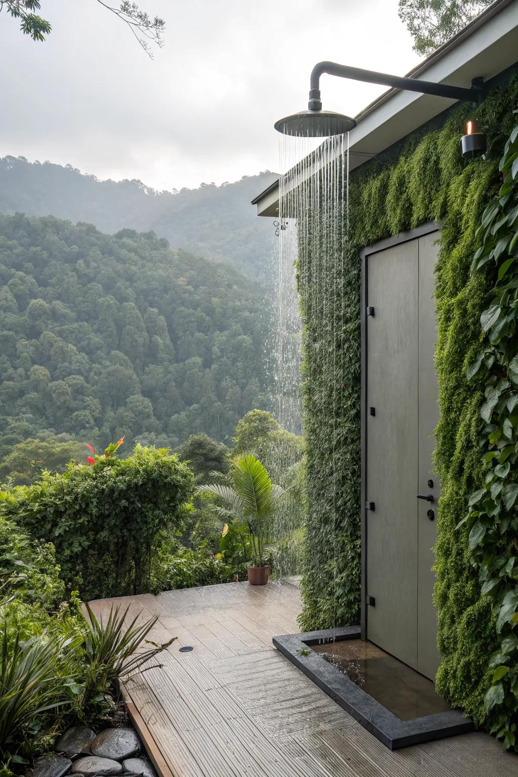 An innovative outdoor shower with a living wall door, offering privacy and a touch of nature.