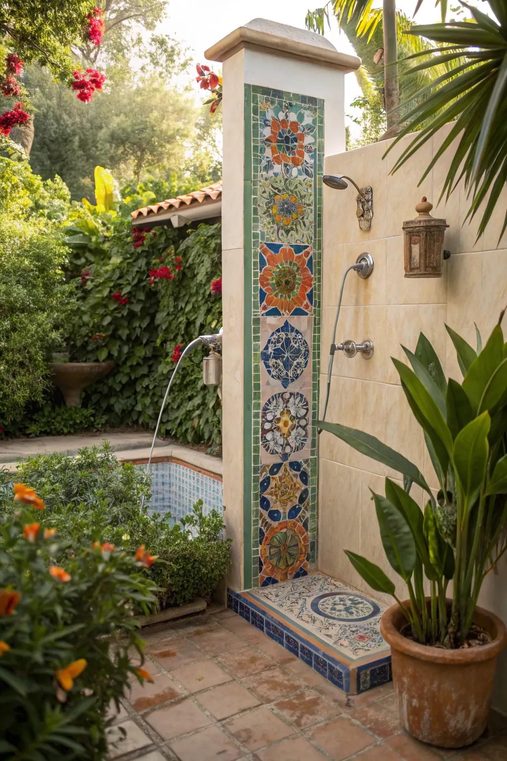 A Mediterranean-style outdoor shower with vibrant mosaic tiles.