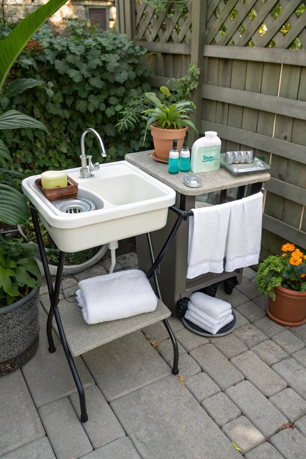 A compact portable sink setup for small outdoor spaces.
