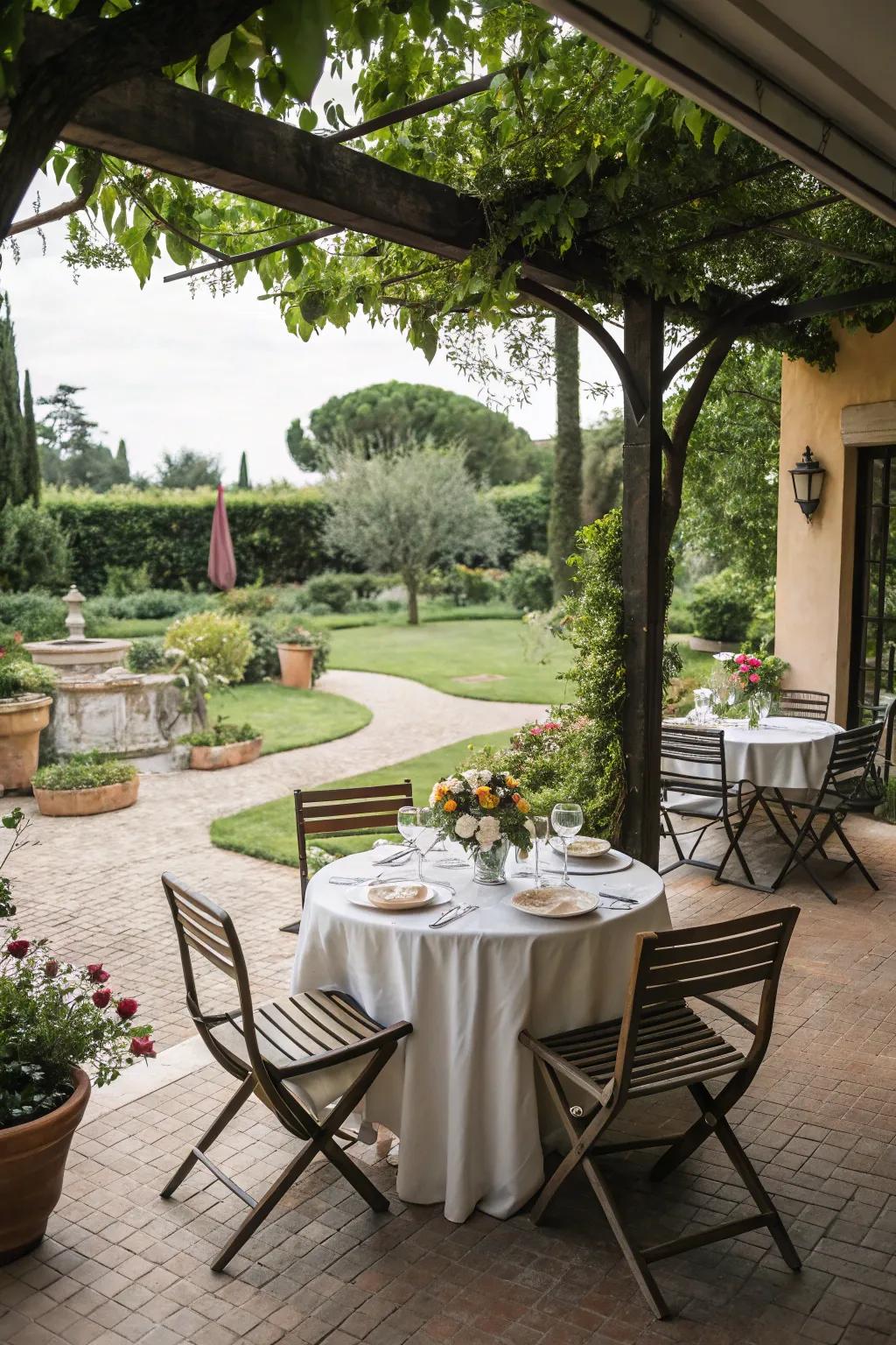 An inviting outdoor dining area ready for a meal.