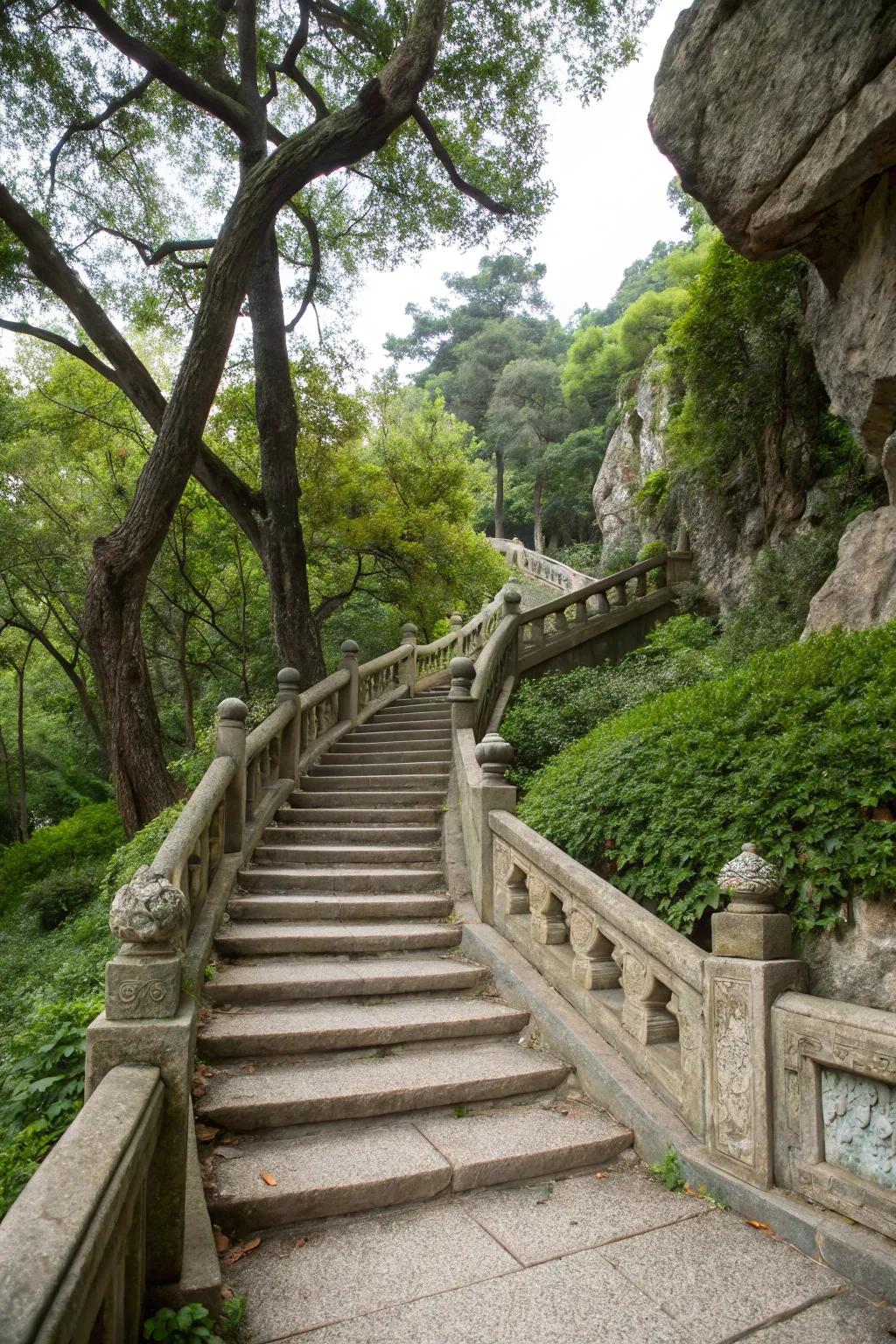 Stone-integrated railings blend seamlessly into natural environments.