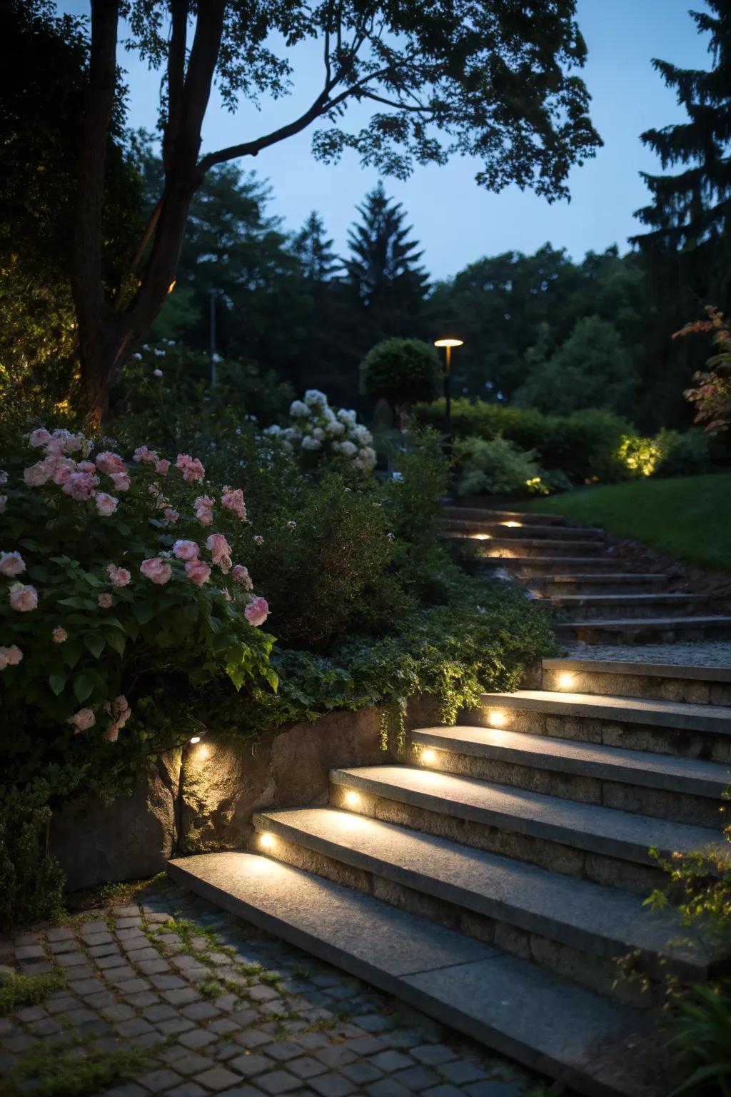 Illuminated steps that transform your garden into a nighttime wonderland.