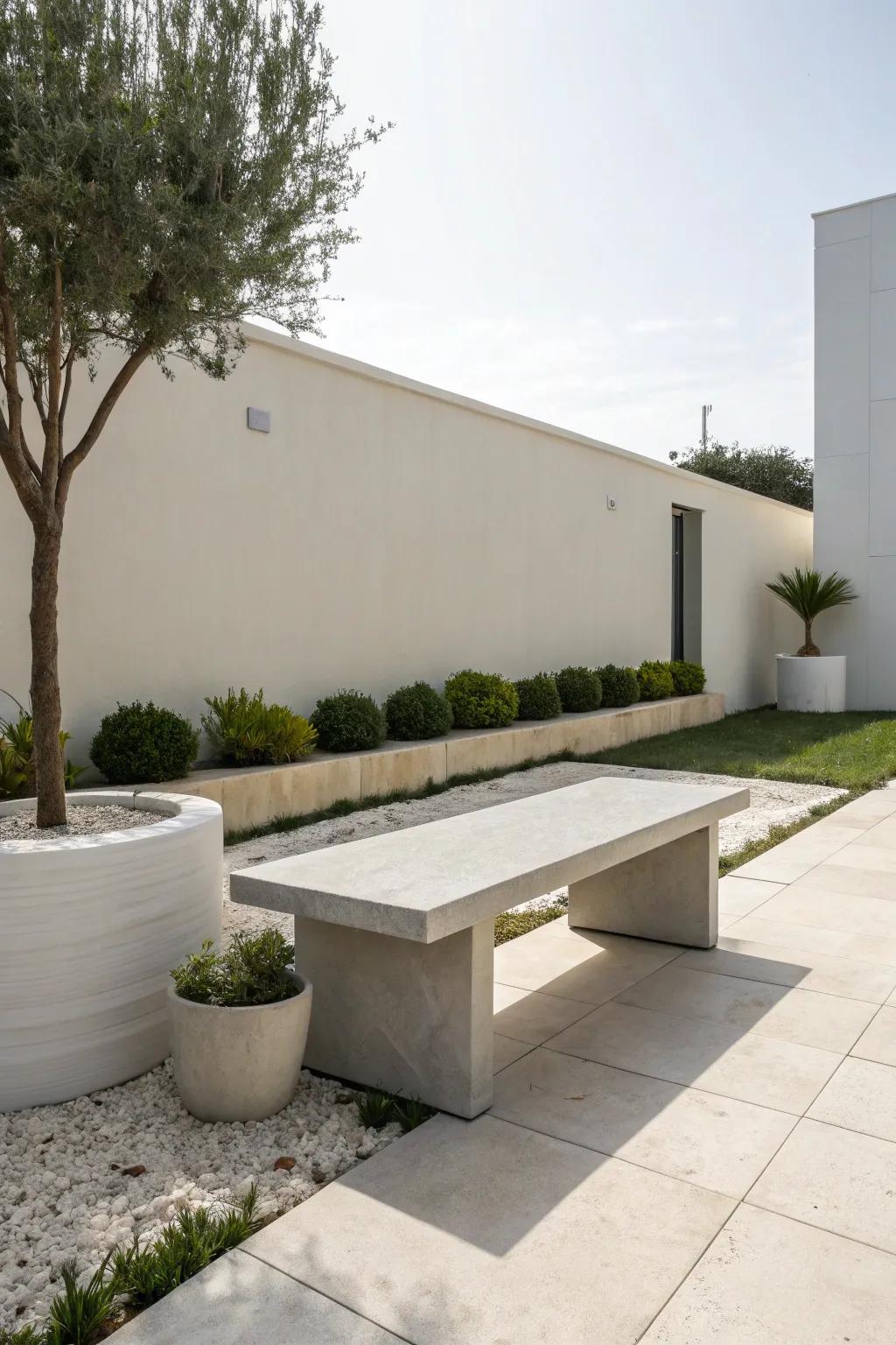 A modern minimalist stone bench in a chic outdoor space.