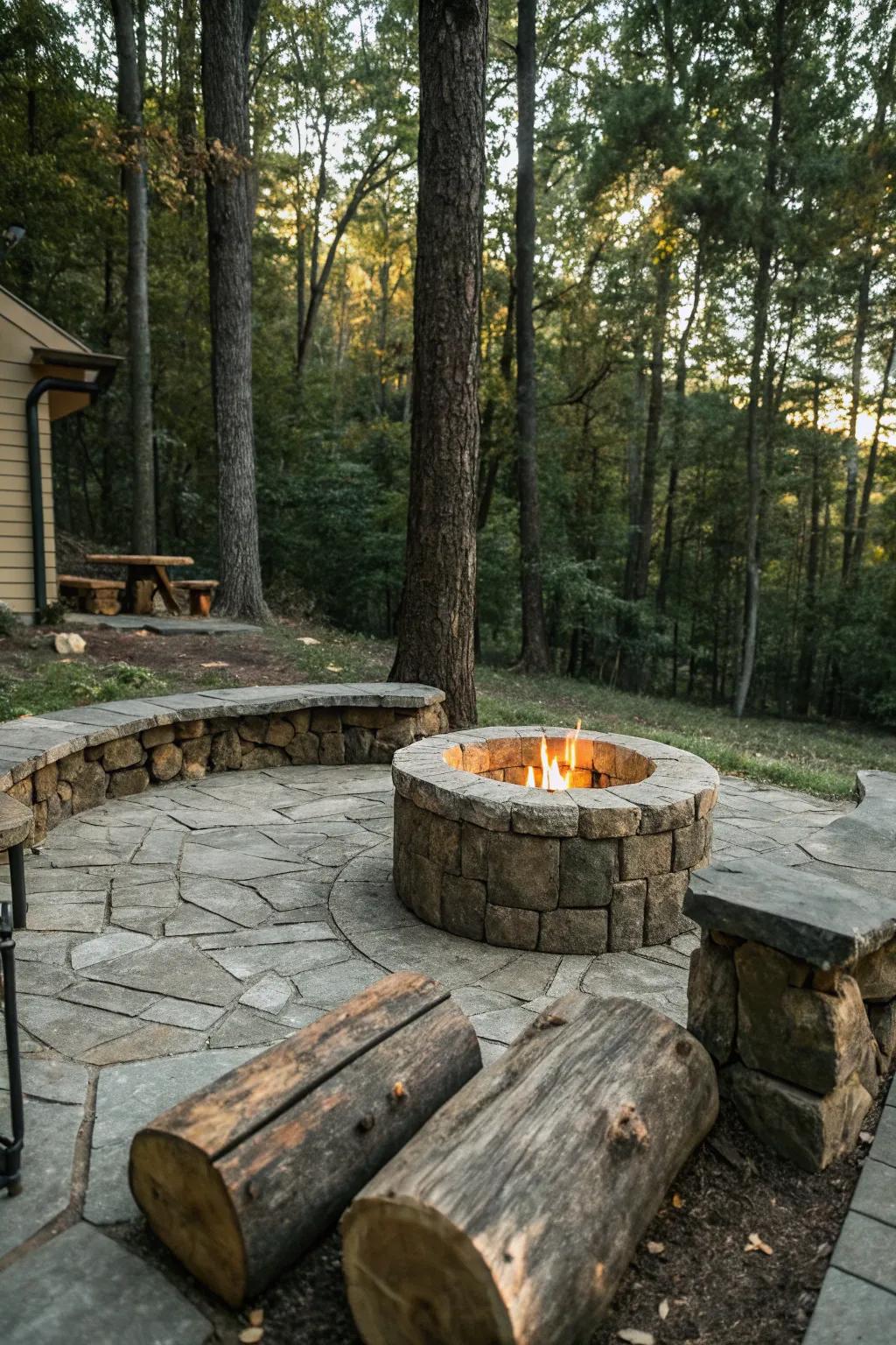 A rustic stone fire pit paired with log seating for a natural gathering spot.