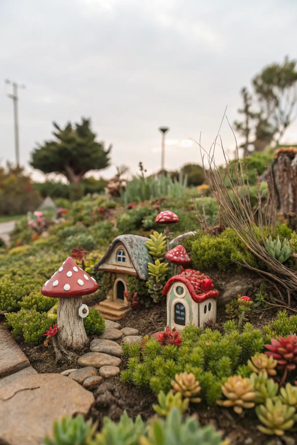 A whimsical fairy tale garden filled with succulents and charming miniatures.