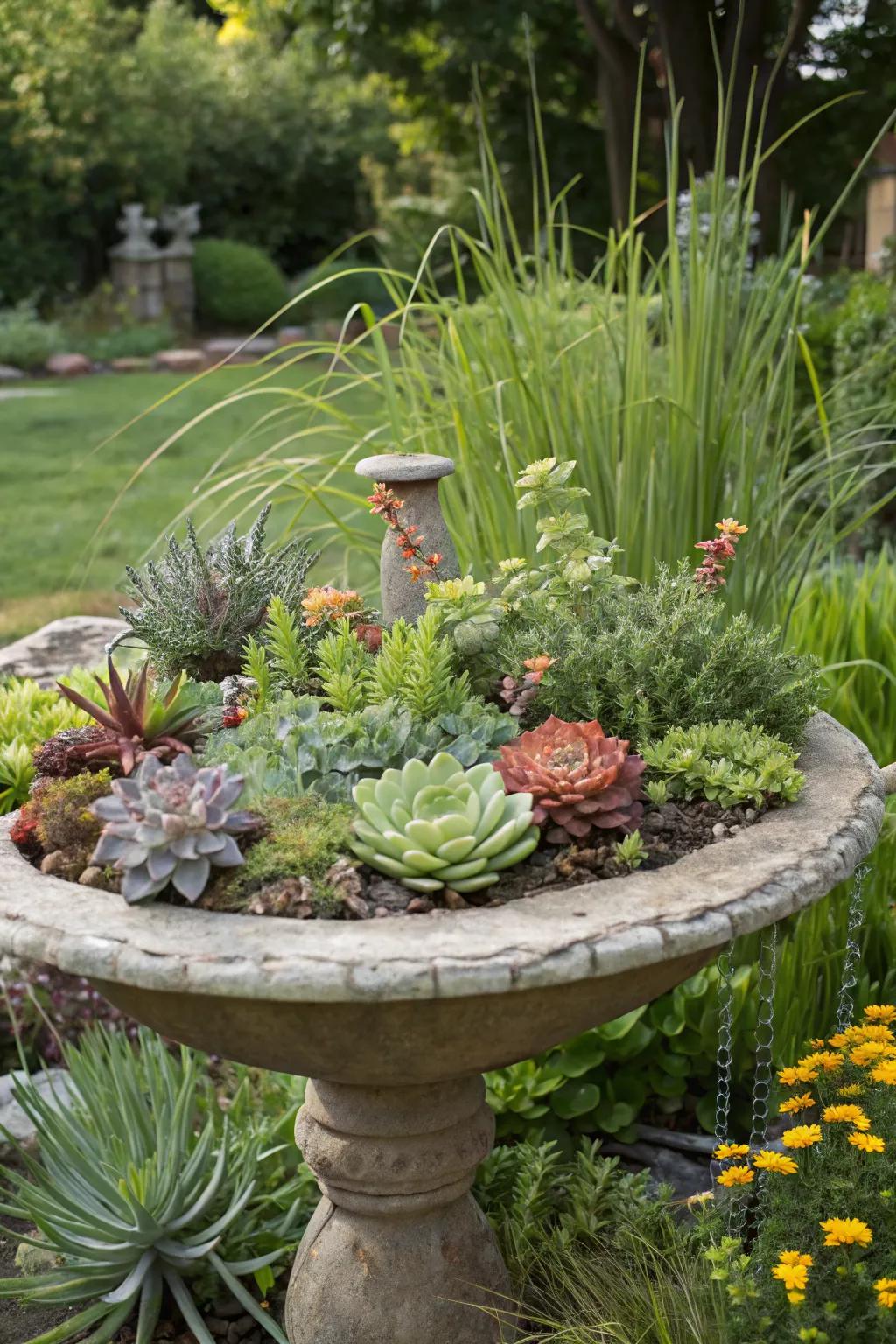 A succulent-filled birdbath makes for an enchanting garden centerpiece.