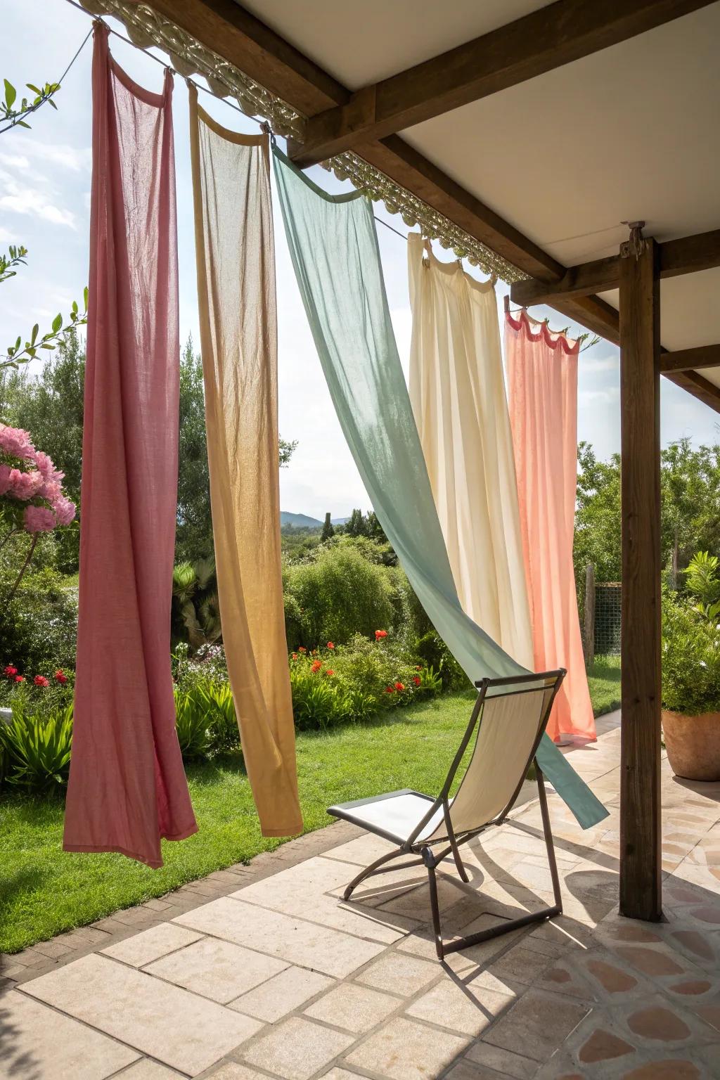 Add color and privacy with hanging fabric panels.