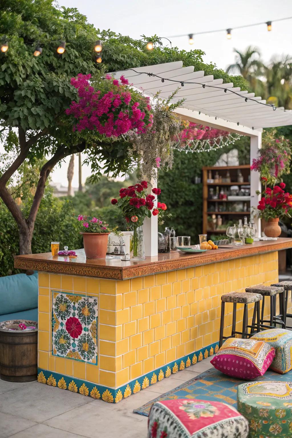 A vibrant and colorful tile bar top for a lively outdoor space