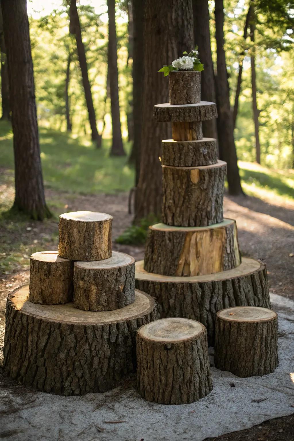 A multi-level ensemble of tree stumps creating visual interest.