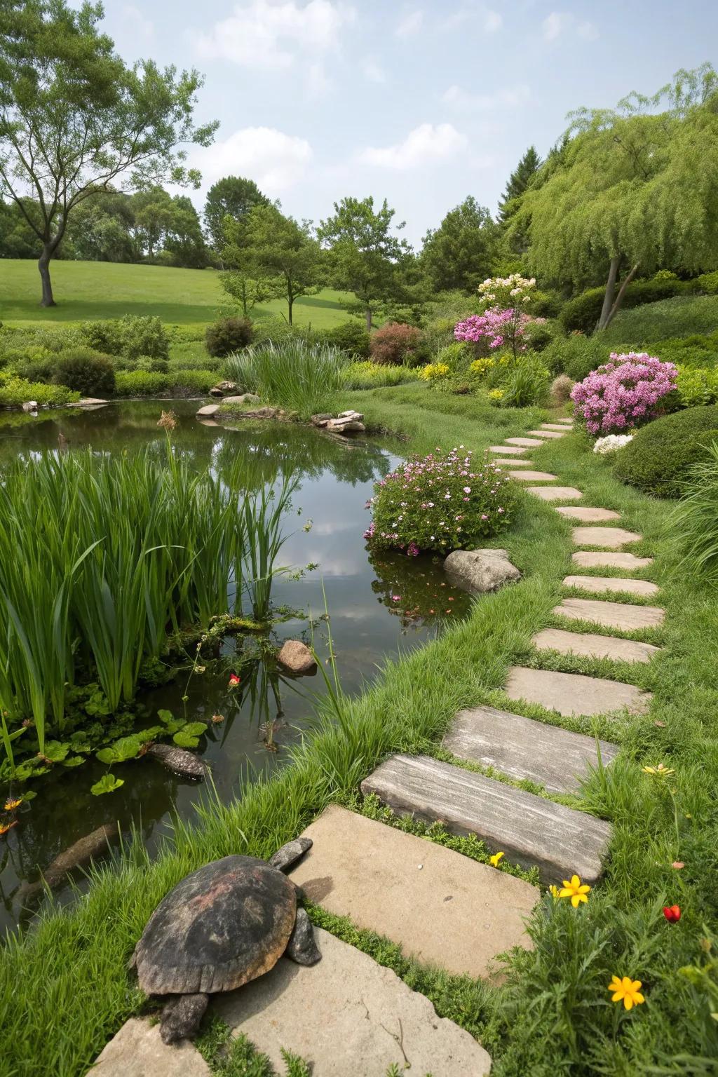 A stepping stone pathway guides the way to the turtle pond.