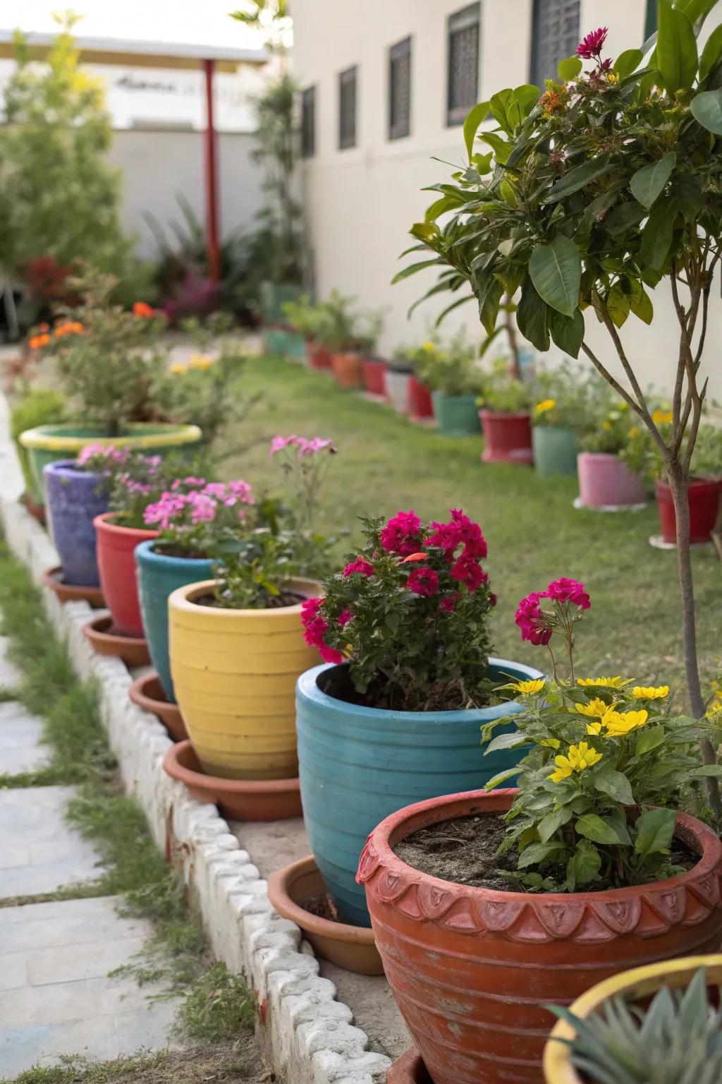 Vibrant ceramic pots adding a splash of color to the garden.