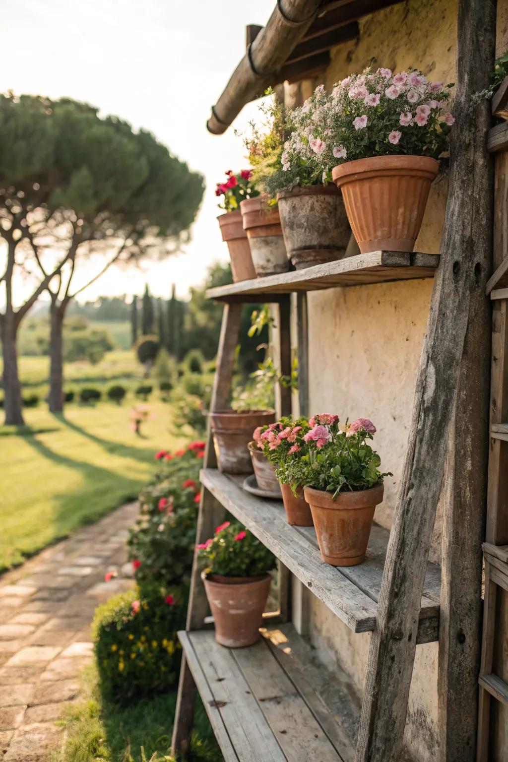 A vintage wooden shelf adds character to the garden.