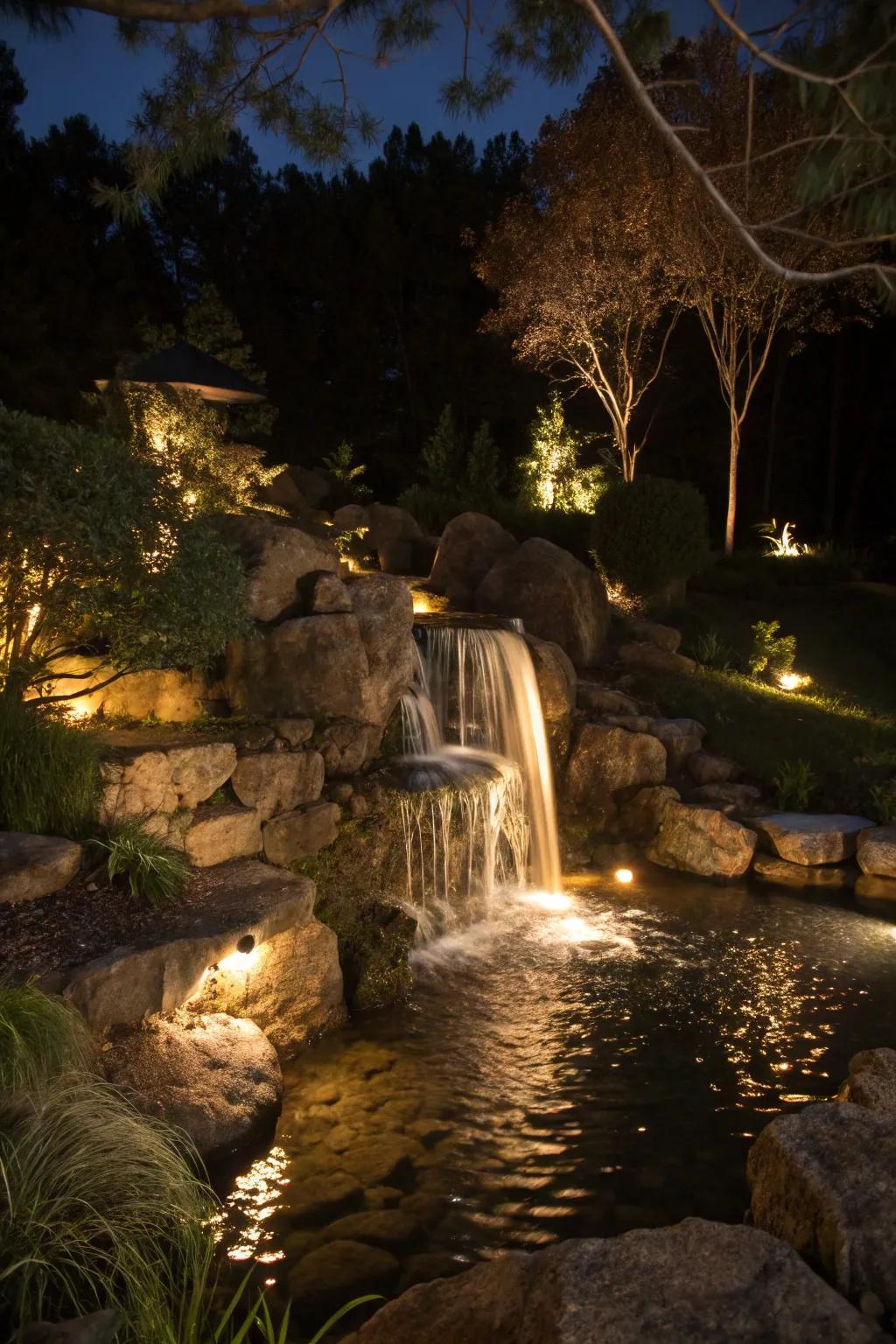 Lighting accents transform your waterfall into a nighttime spectacle.