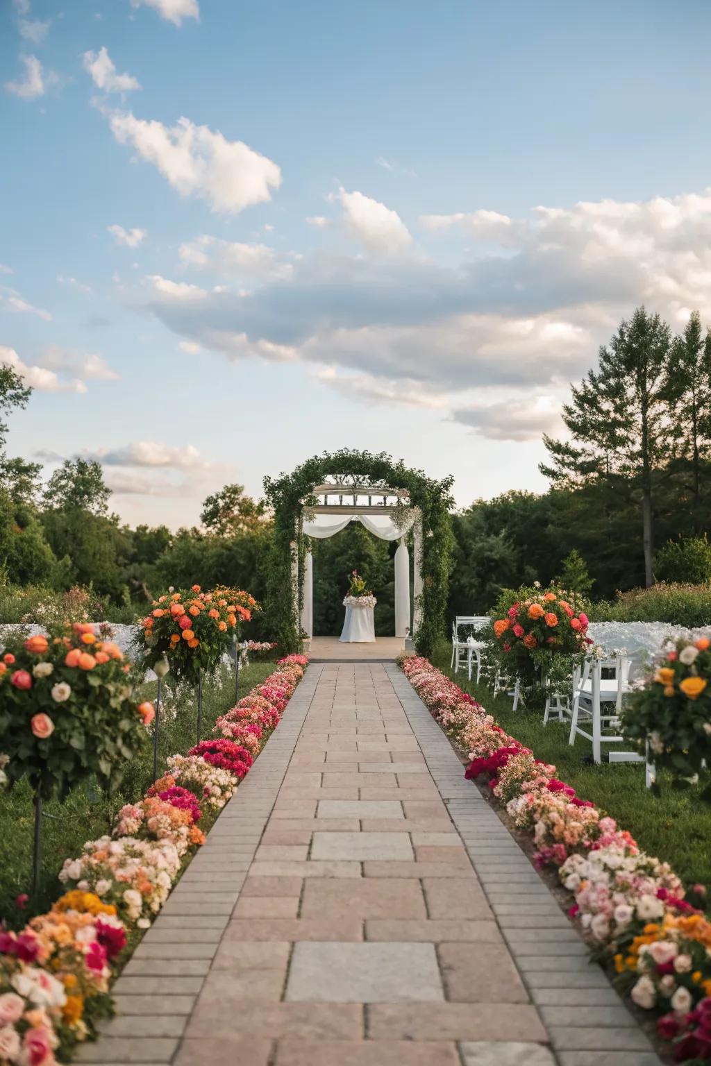 A symmetric floral path enhances the ceremony's visual appeal.