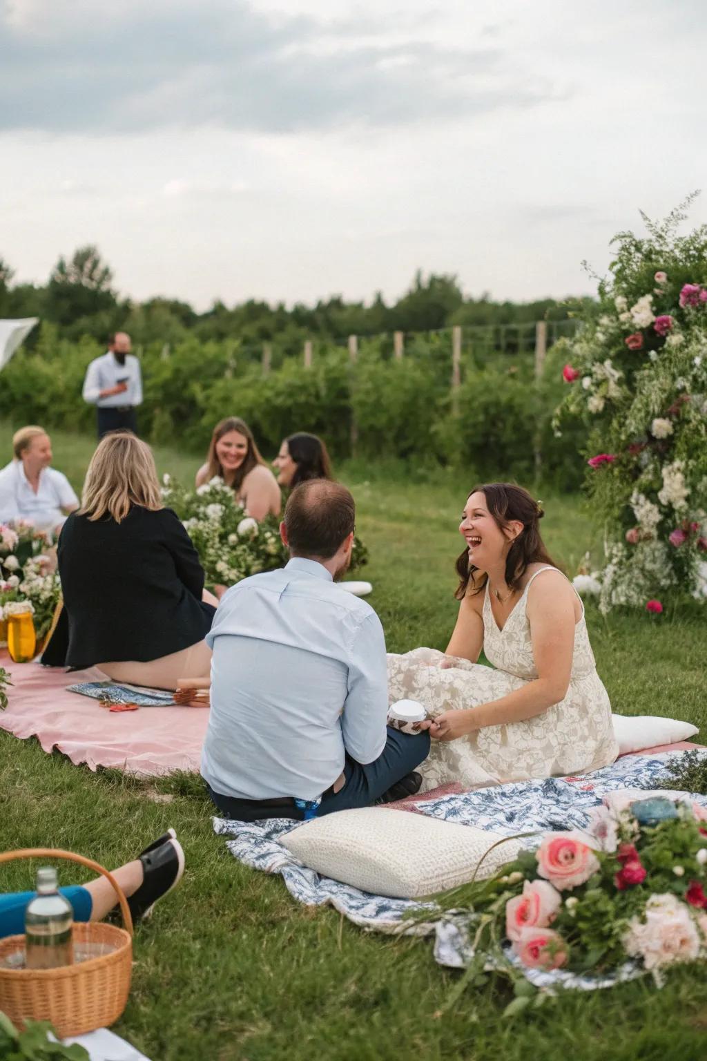 Picnic style seating offers a relaxed and cozy atmosphere.