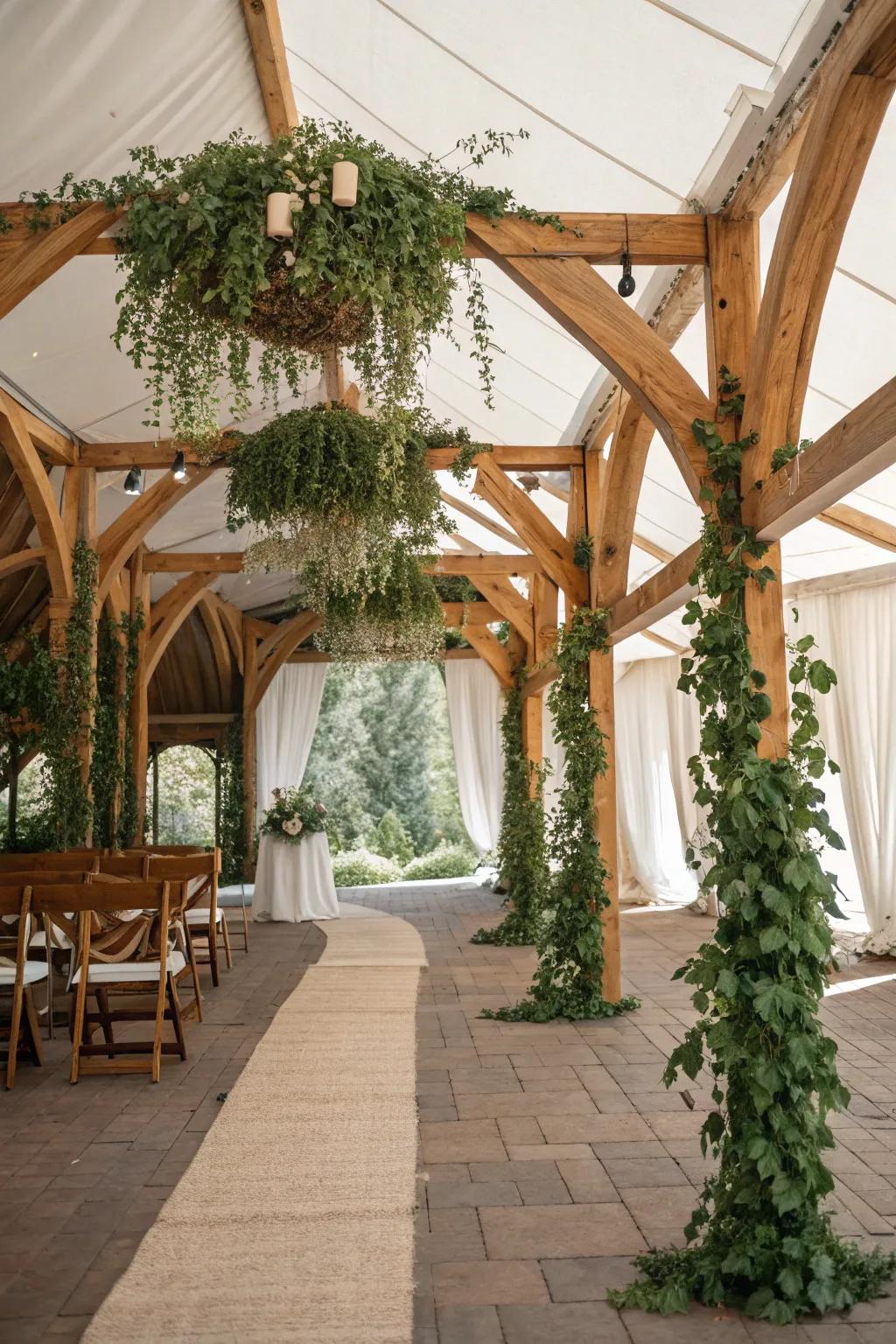 Embrace nature with wood and greenery.