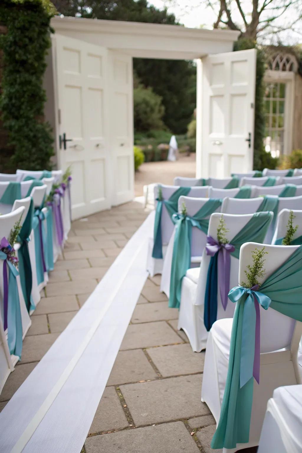 Chairs with ribbon decorations along a wedding aisle